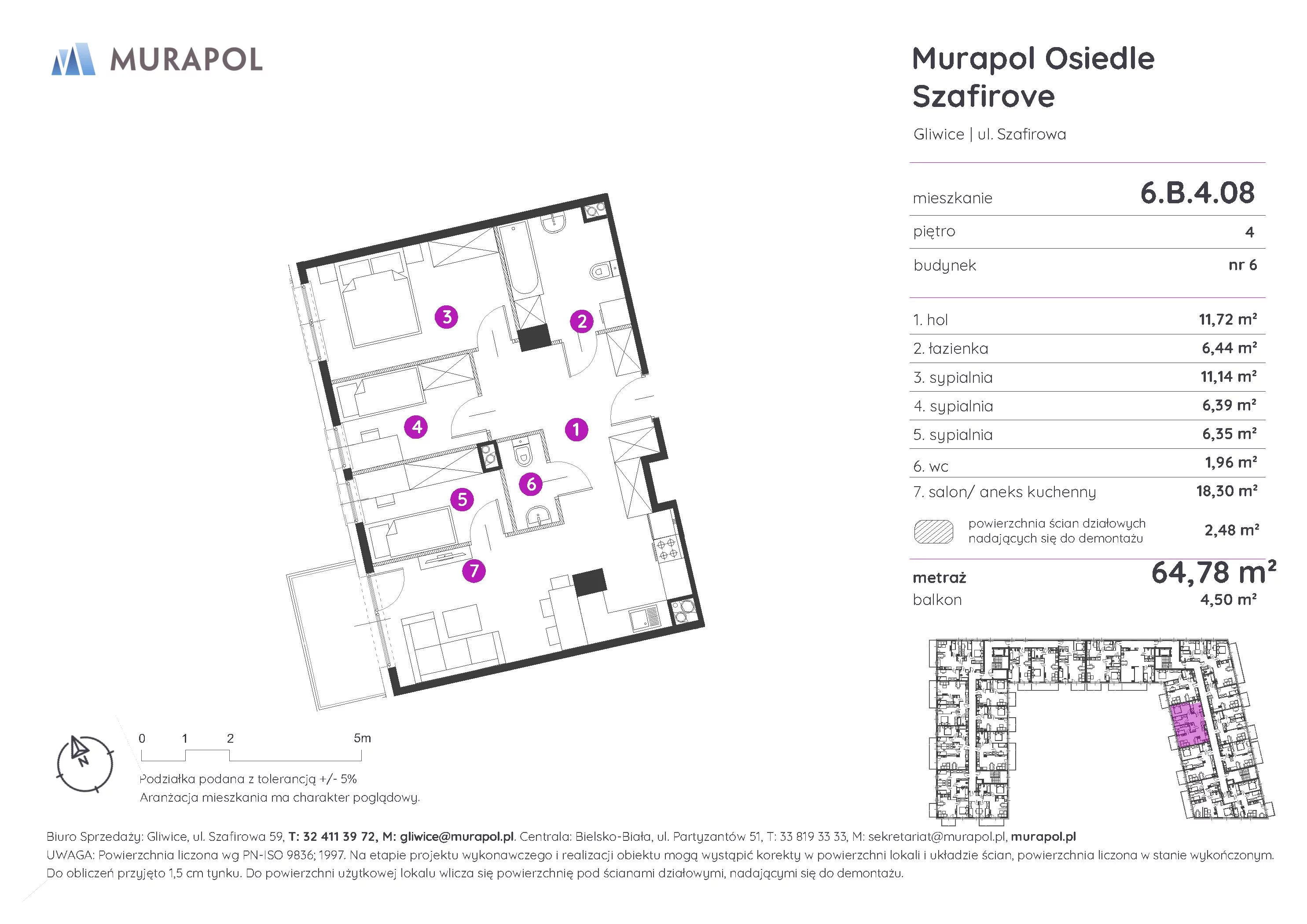 Mieszkanie 64,78 m², piętro 4, oferta nr 6.B.4.08, Murapol Osiedle Szafirove, Gliwice, Stare Gliwice, ul. Szafirowa