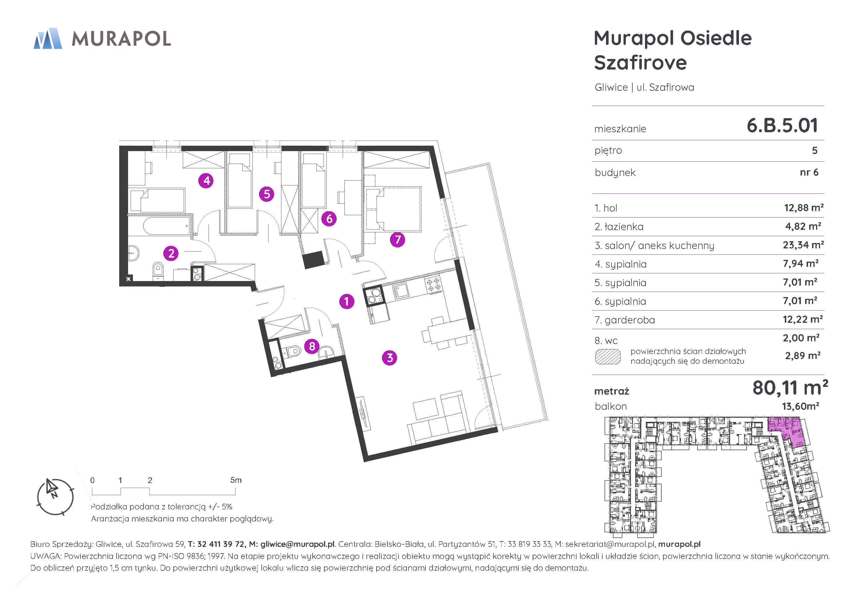 Mieszkanie 80,11 m², piętro 5, oferta nr 6.B.5.01, Murapol Osiedle Szafirove, Gliwice, Stare Gliwice, ul. Szafirowa