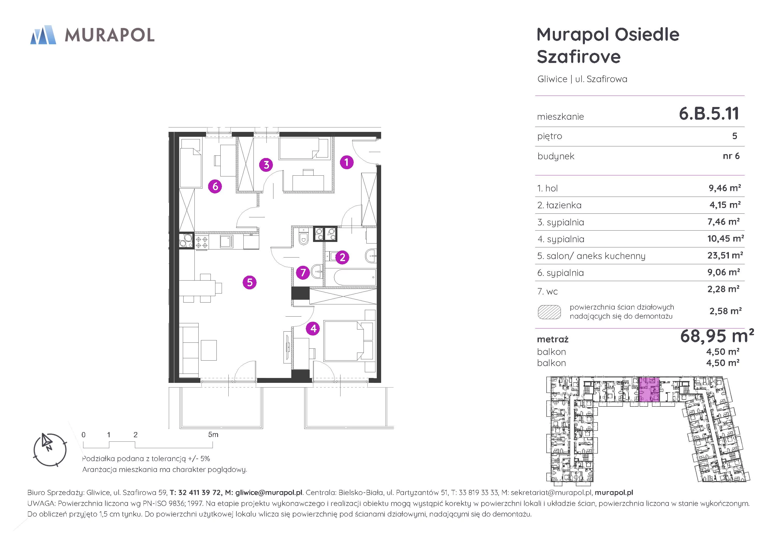 Mieszkanie 68,95 m², piętro 5, oferta nr 6.B.5.11, Murapol Osiedle Szafirove, Gliwice, Stare Gliwice, ul. Szafirowa