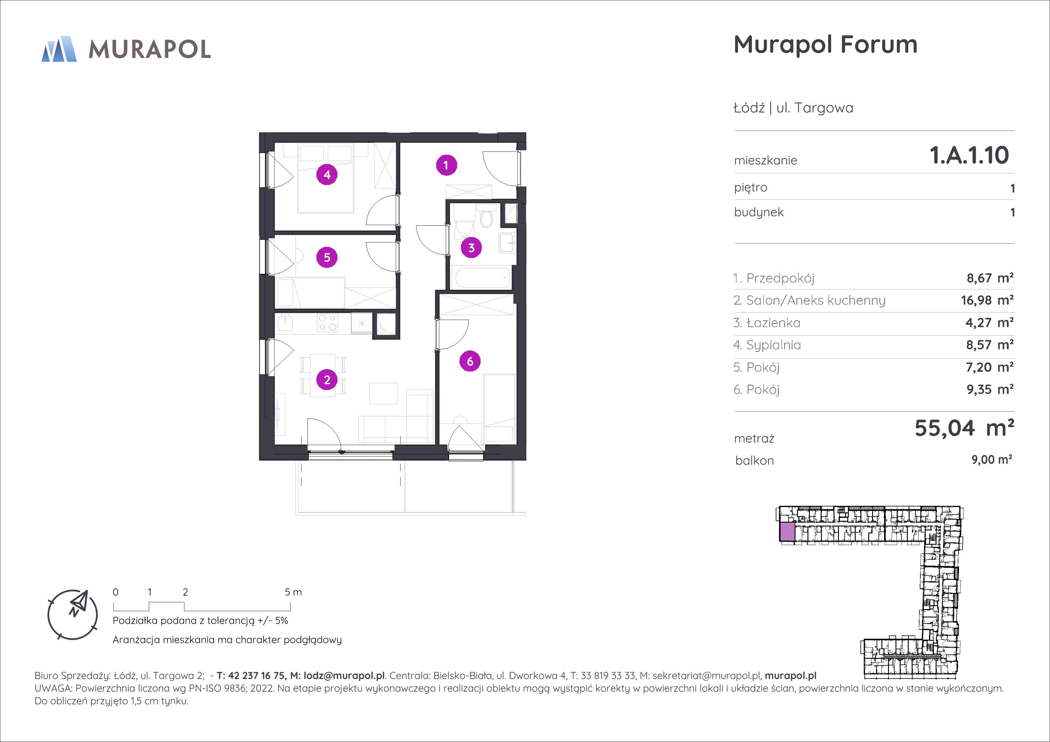 Mieszkanie 55,04 m², piętro 1, oferta nr 1.A.1.10, Murapol Forum, Łódź, Śródmieście, ul. Targowa-idx