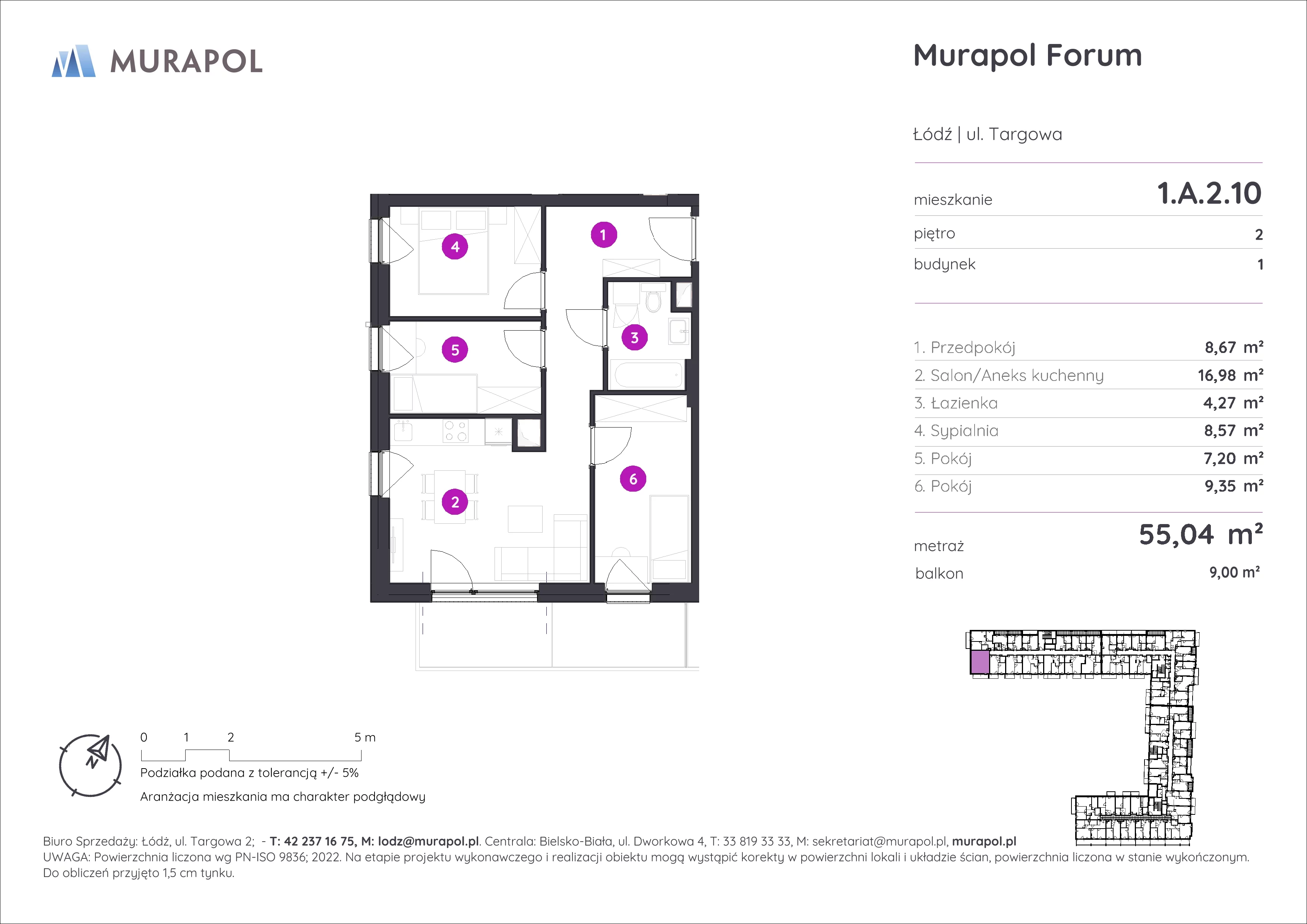 4 pokoje, mieszkanie 55,04 m², piętro 2, oferta nr 1.A.2.10, Murapol Forum, Łódź, Śródmieście, ul. Targowa