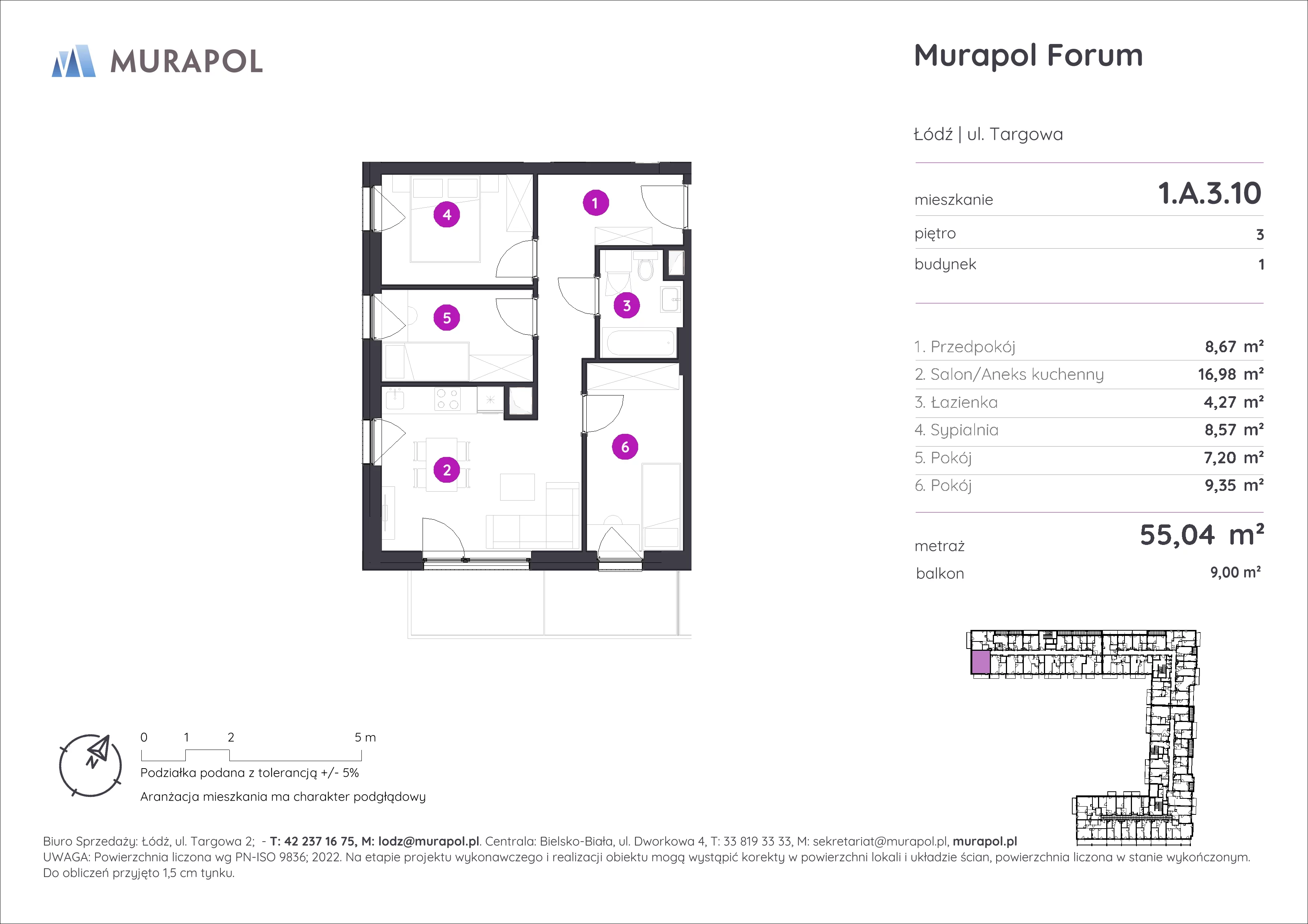 Mieszkanie 55,04 m², piętro 3, oferta nr 1.A.3.10, Murapol Forum, Łódź, Śródmieście, ul. Targowa