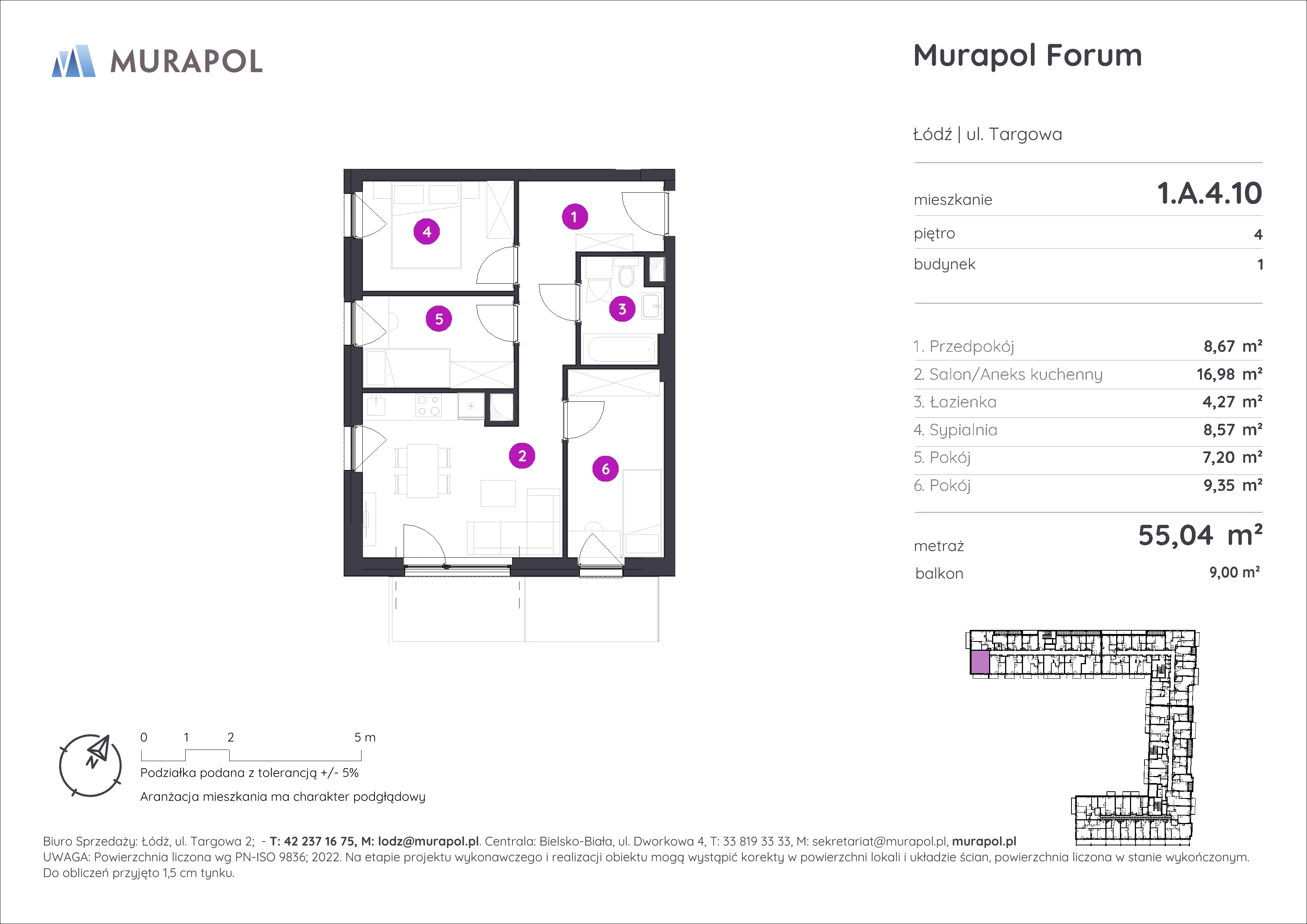 Mieszkanie 55,04 m², piętro 4, oferta nr 1.A.4.10, Murapol Forum, Łódź, Śródmieście, ul. Targowa