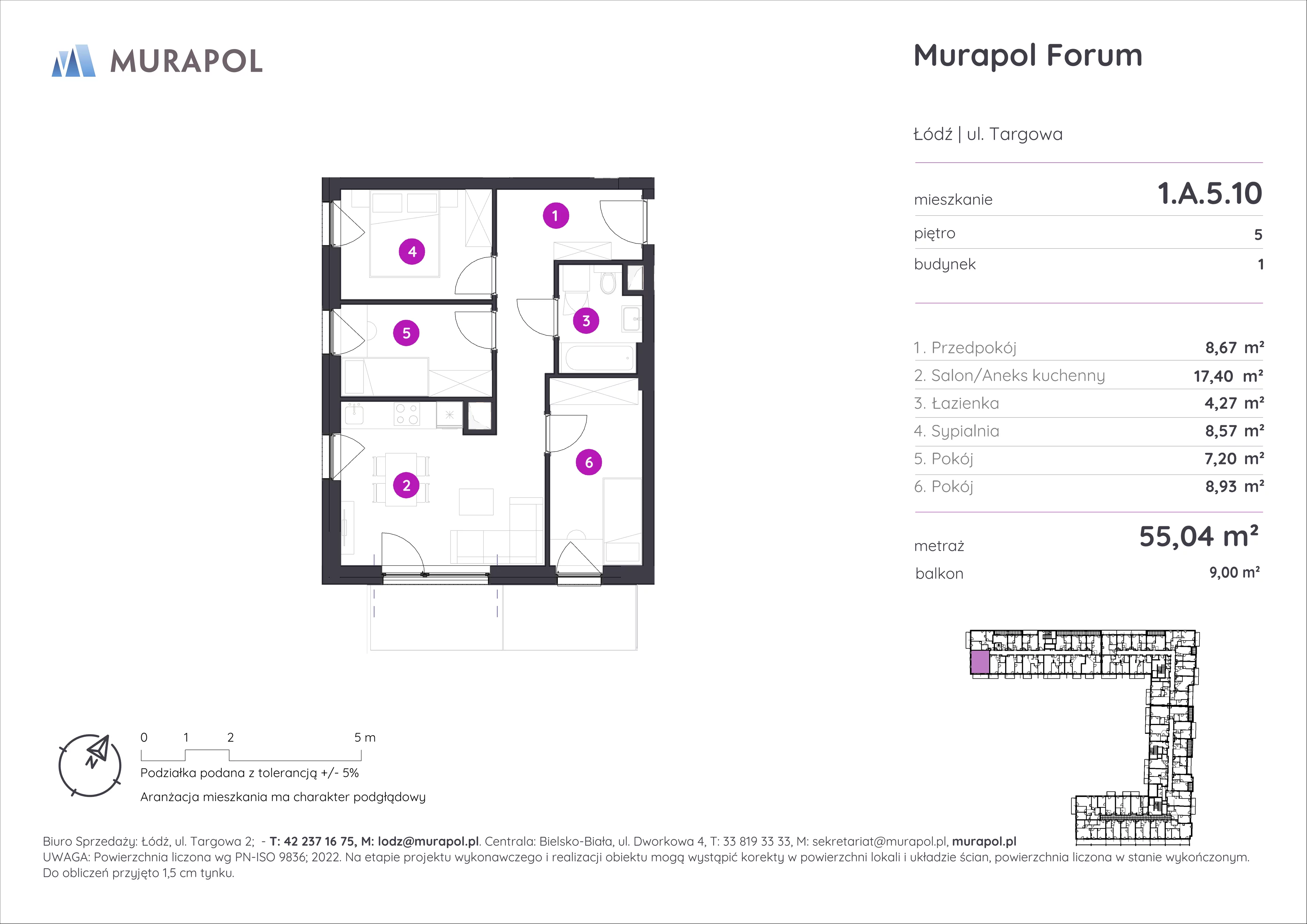 Mieszkanie 55,04 m², piętro 5, oferta nr 1.A.5.10, Murapol Forum, Łódź, Śródmieście, ul. Targowa