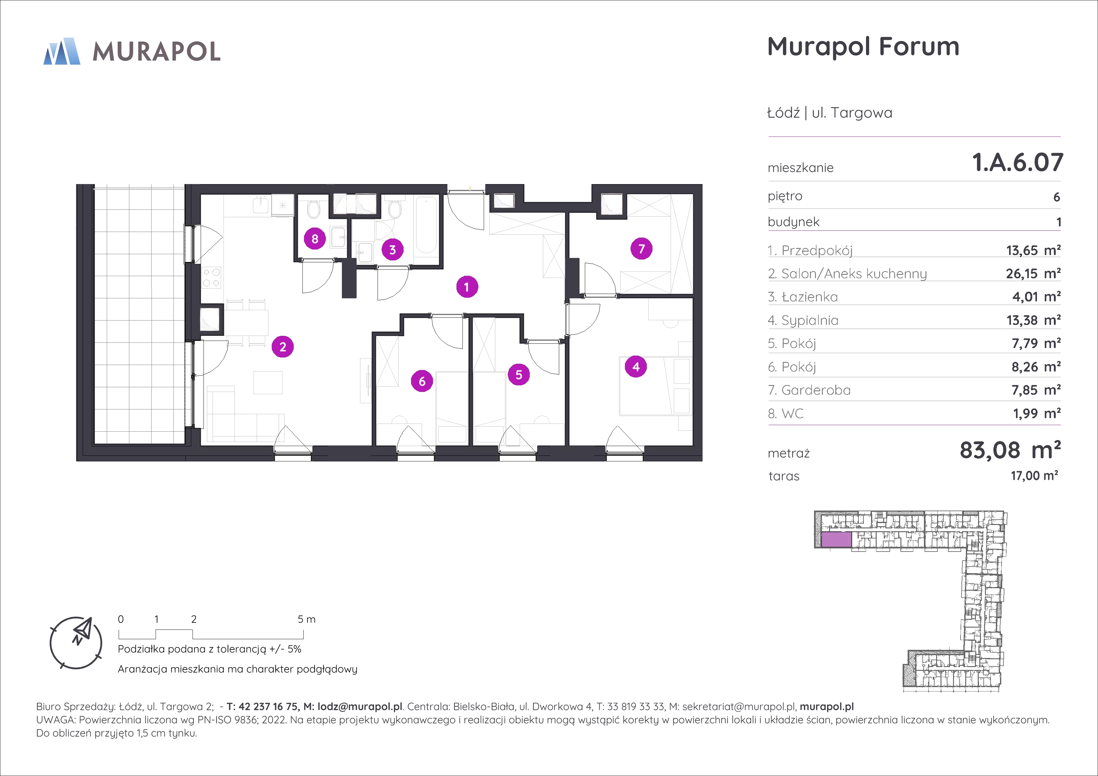 4 pokoje, mieszkanie 83,08 m², piętro 6, oferta nr 1.A.6.07, Murapol Forum, Łódź, Śródmieście, ul. Targowa