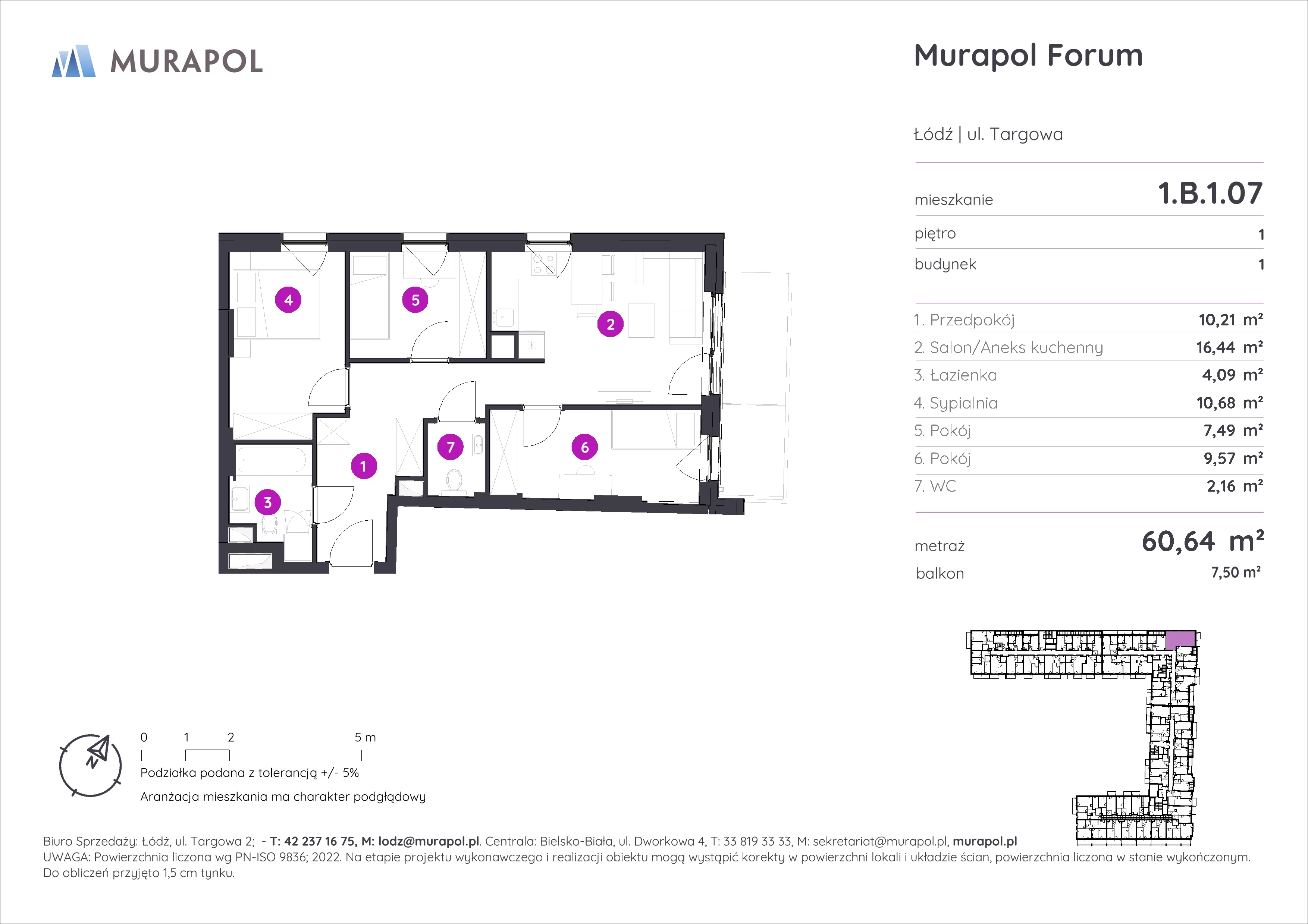 Mieszkanie 60,64 m², piętro 1, oferta nr 1.B.1.07, Murapol Forum, Łódź, Śródmieście, ul. Targowa