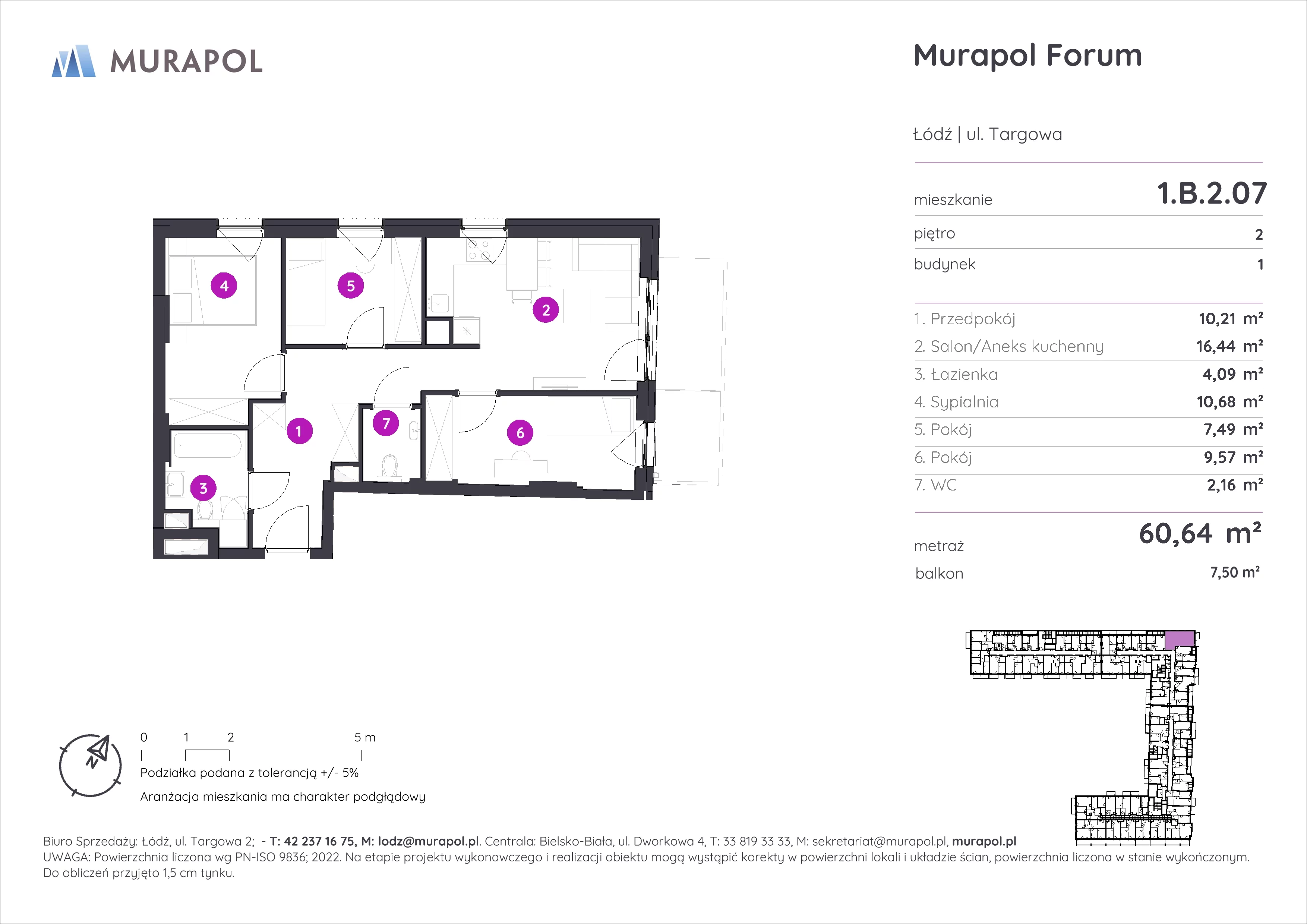 4 pokoje, mieszkanie 60,64 m², piętro 2, oferta nr 1.B.2.07, Murapol Forum, Łódź, Śródmieście, ul. Targowa