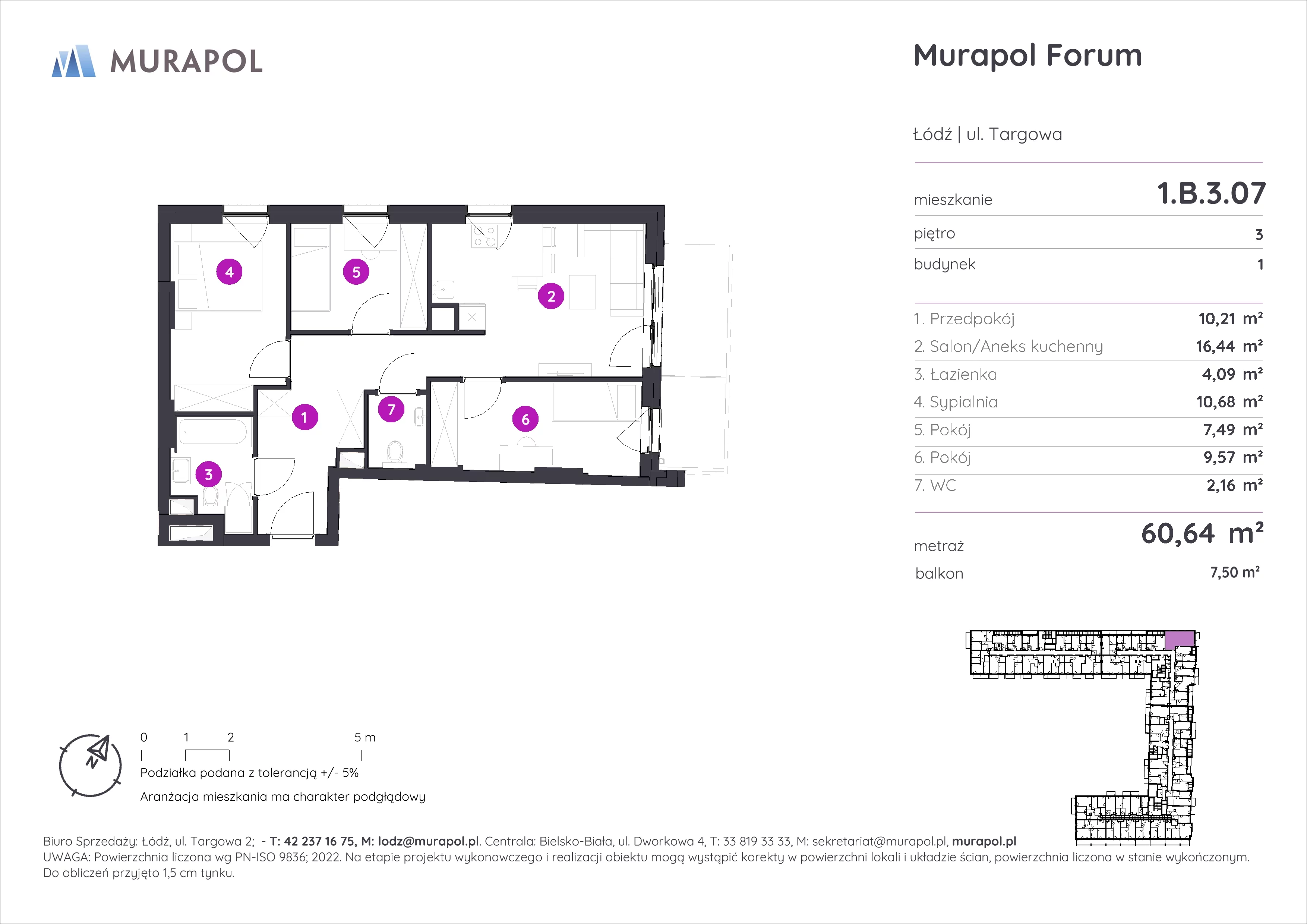 Mieszkanie 60,64 m², piętro 3, oferta nr 1.B.3.07, Murapol Forum, Łódź, Śródmieście, ul. Targowa