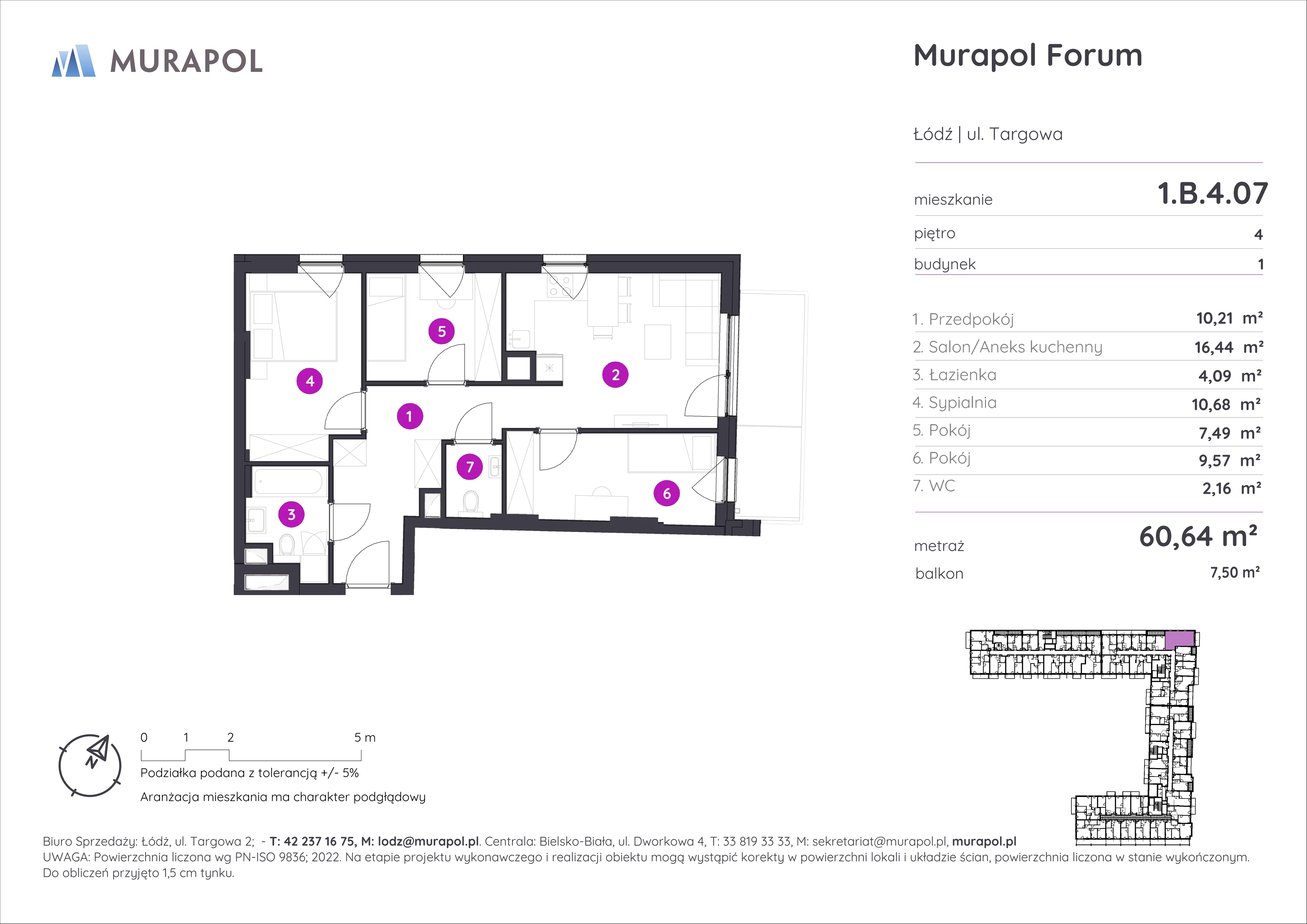 Mieszkanie 60,64 m², piętro 4, oferta nr 1.B.4.07, Murapol Forum, Łódź, Śródmieście, ul. Targowa