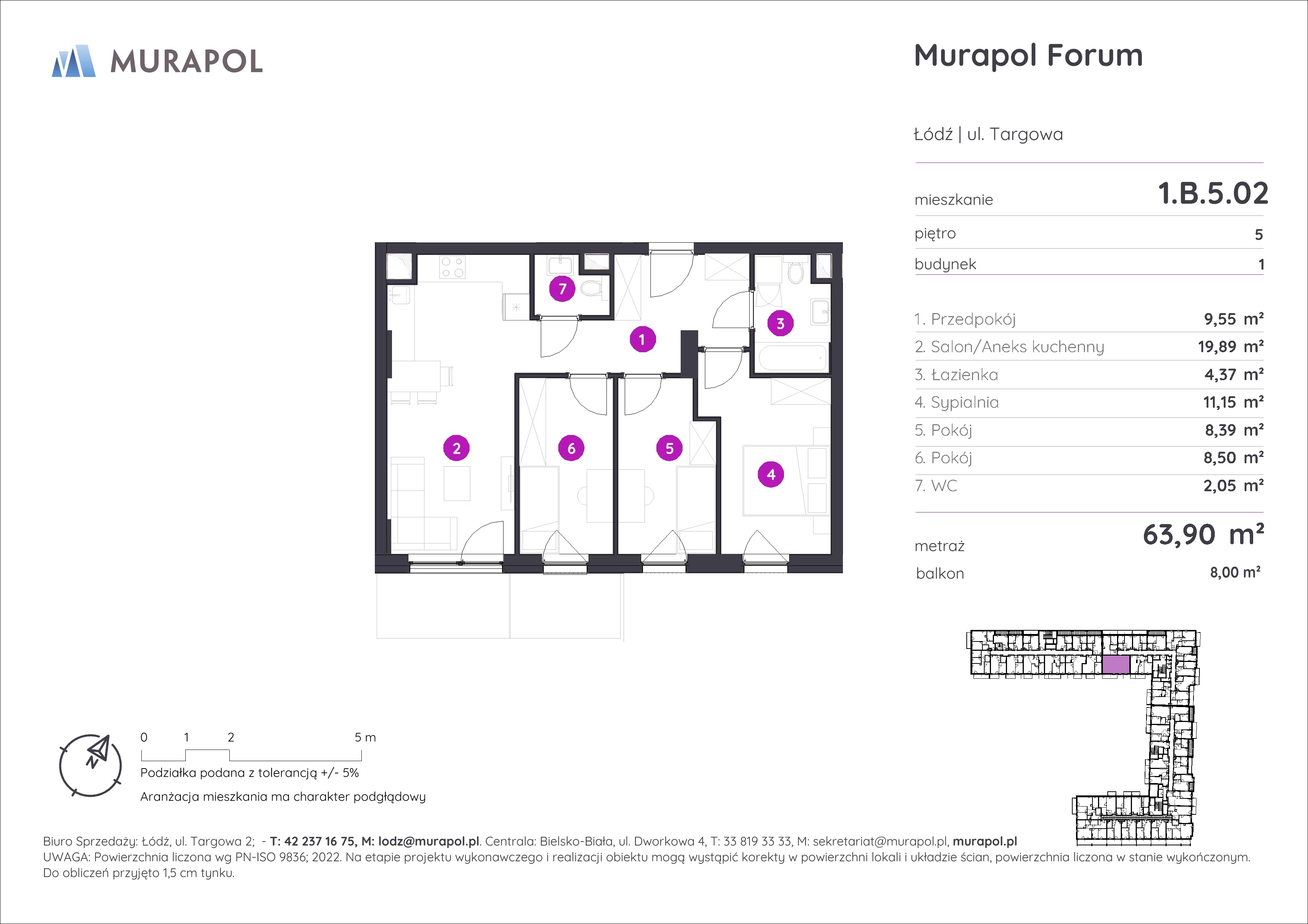 Mieszkanie 63,90 m², piętro 5, oferta nr 1.B.5.02, Murapol Forum, Łódź, Śródmieście, ul. Targowa