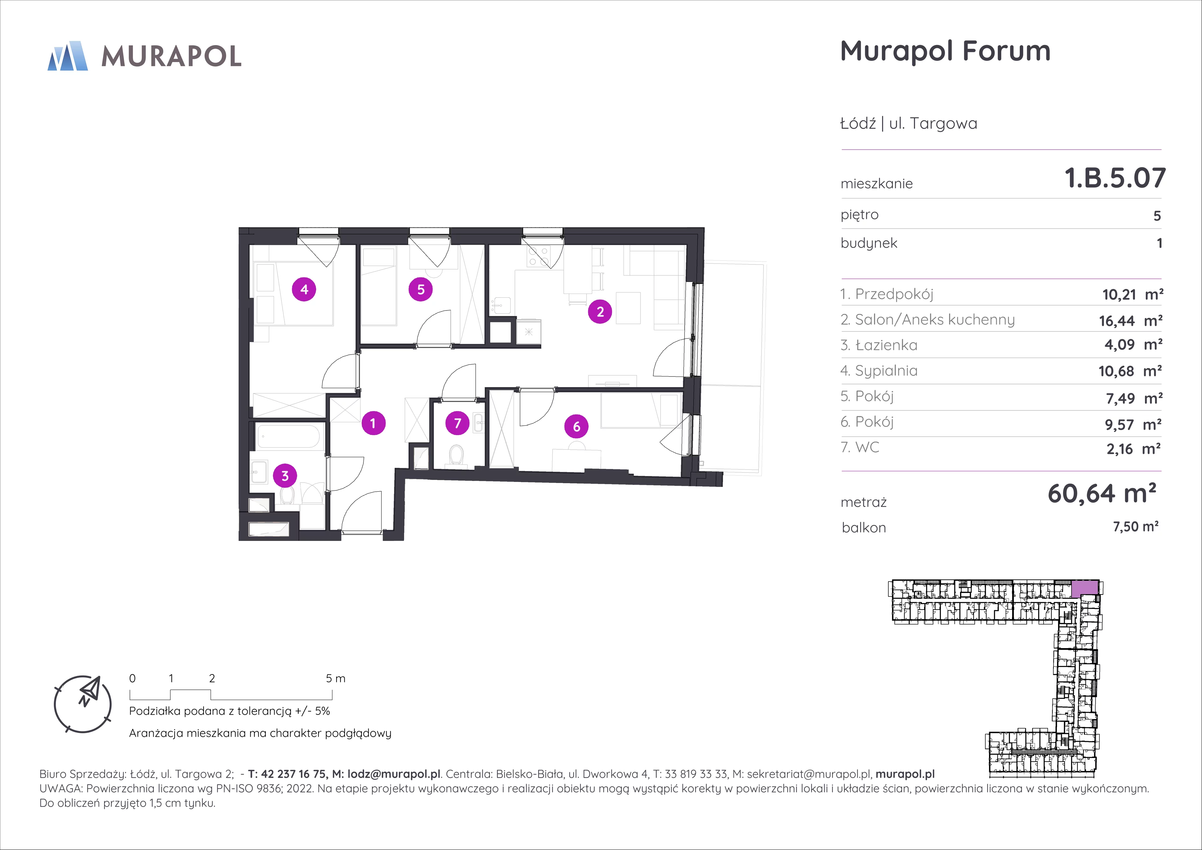 4 pokoje, mieszkanie 60,64 m², piętro 5, oferta nr 1.B.5.07, Murapol Forum, Łódź, Śródmieście, ul. Targowa