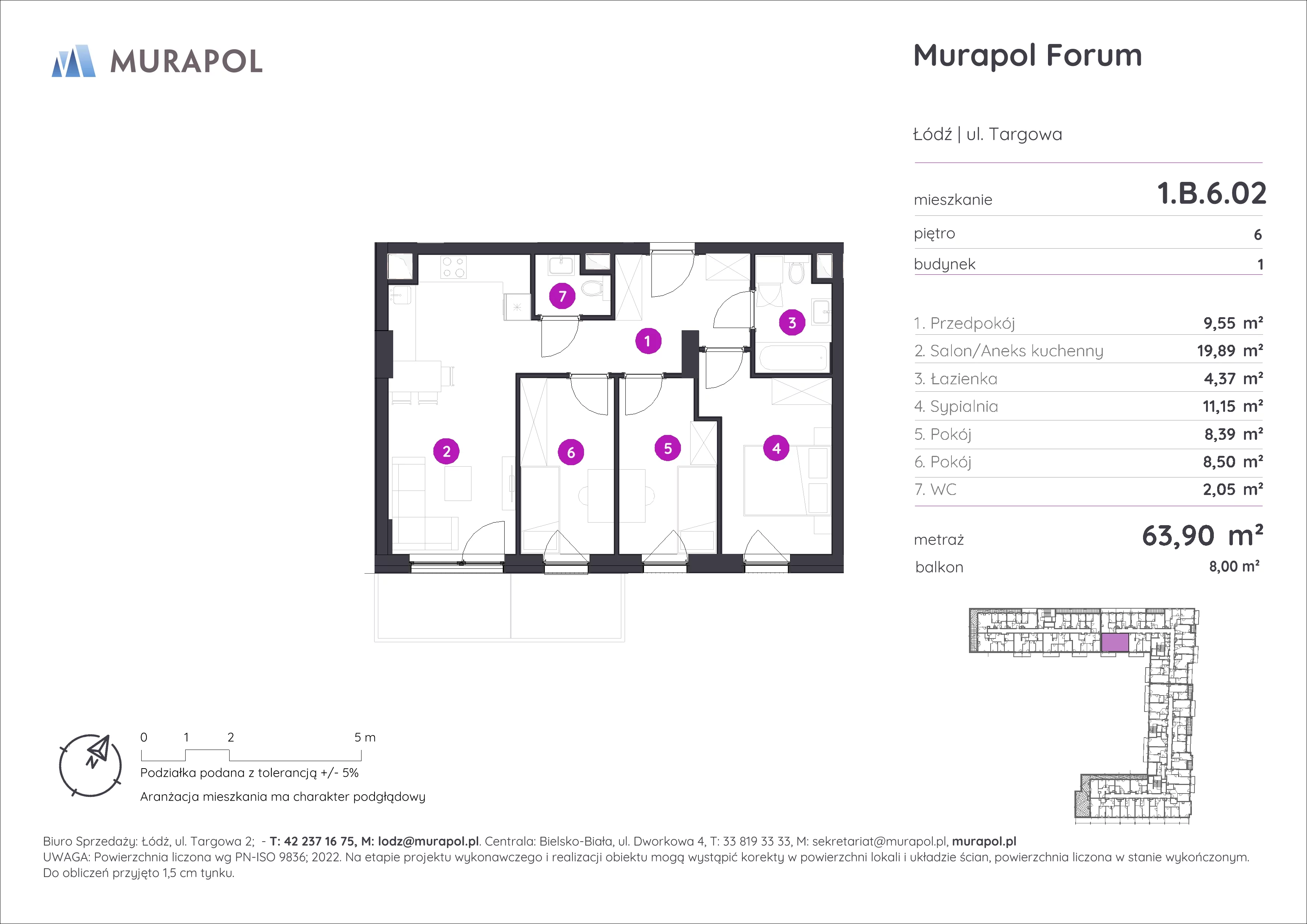 Mieszkanie 63,90 m², piętro 6, oferta nr 1.B.6.02, Murapol Forum, Łódź, Śródmieście, ul. Targowa