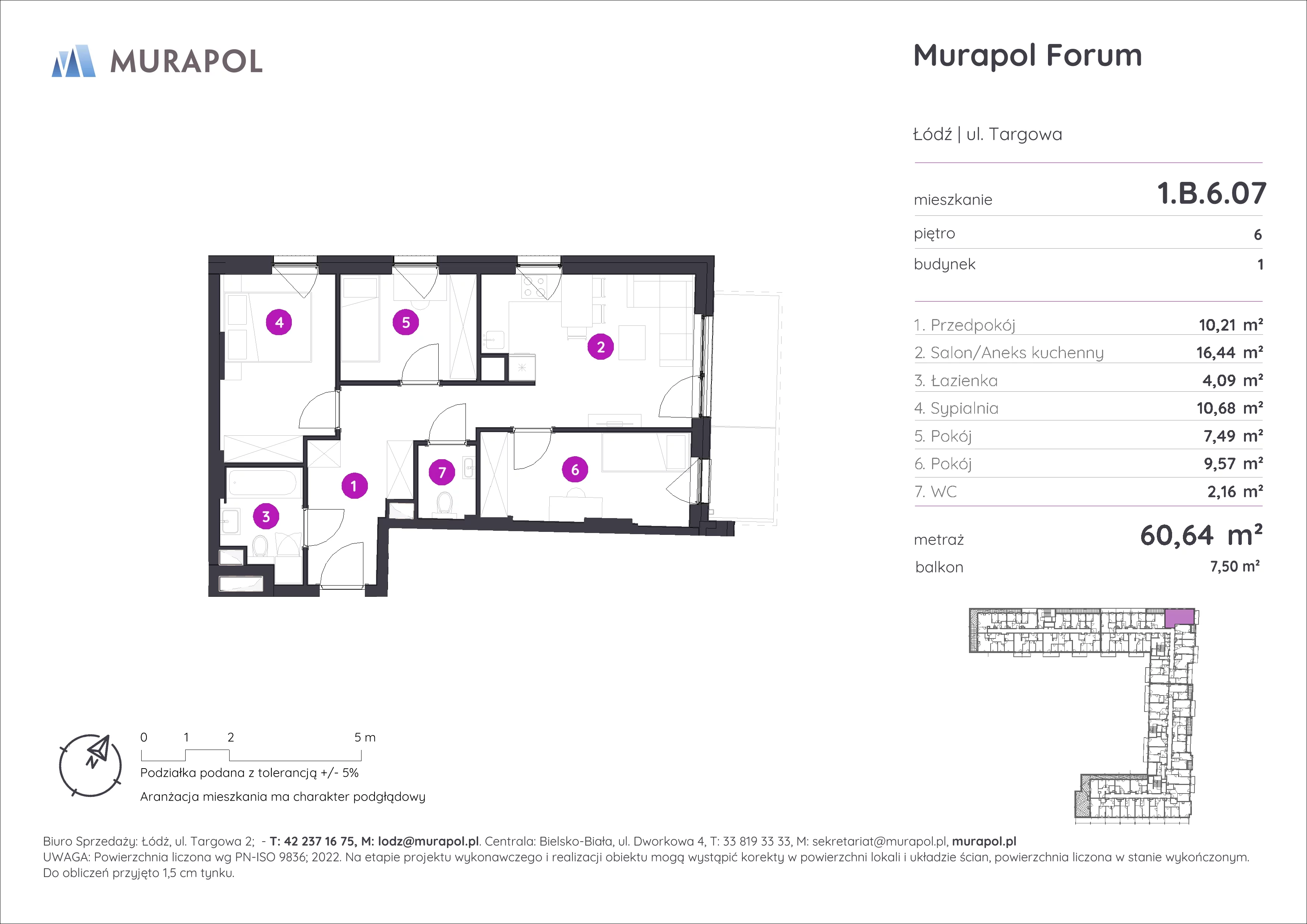 4 pokoje, mieszkanie 60,64 m², piętro 6, oferta nr 1.B.6.07, Murapol Forum, Łódź, Śródmieście, ul. Targowa