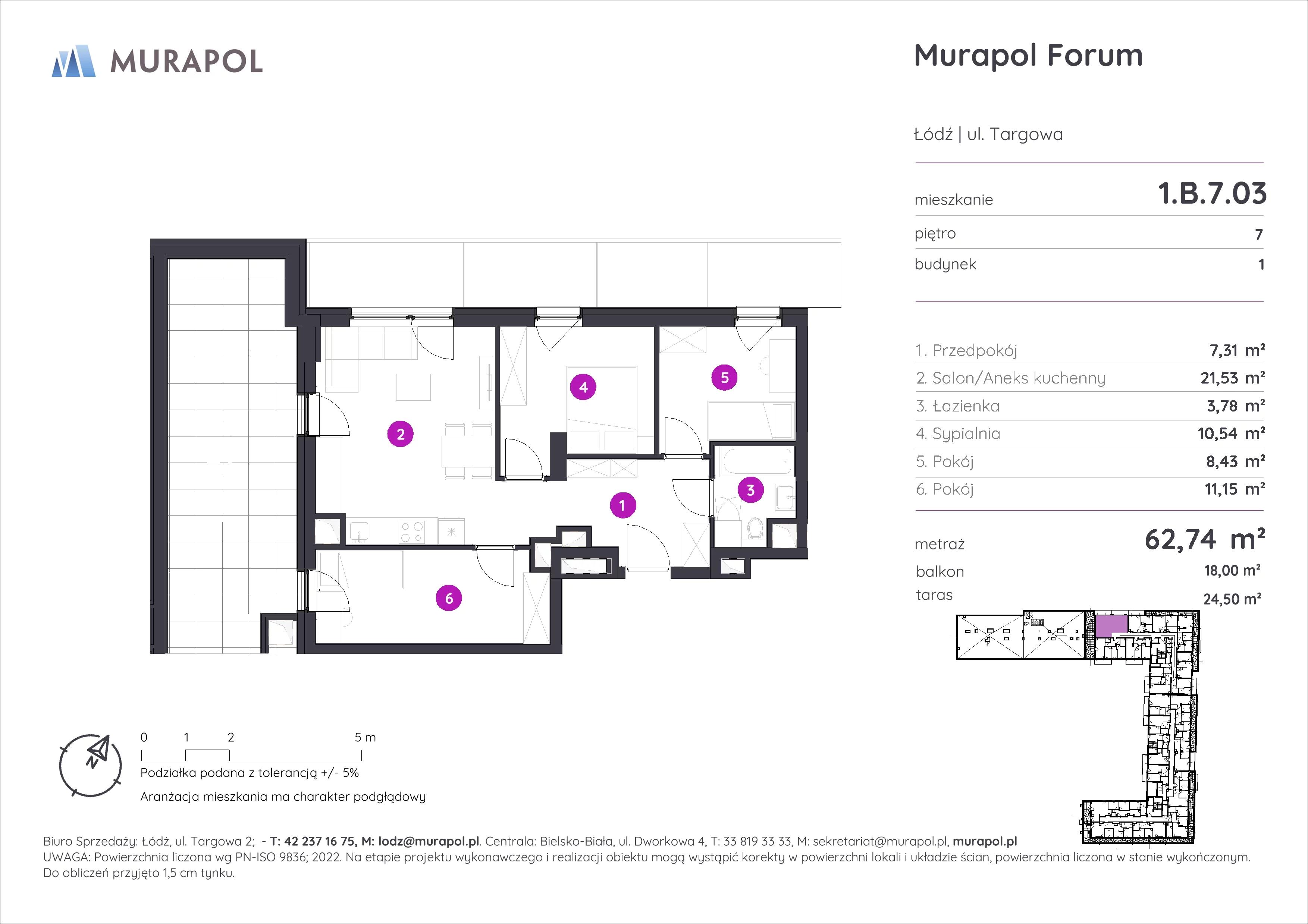 4 pokoje, mieszkanie 62,74 m², piętro 7, oferta nr 1.B.7.03, Murapol Forum, Łódź, Śródmieście, ul. Targowa