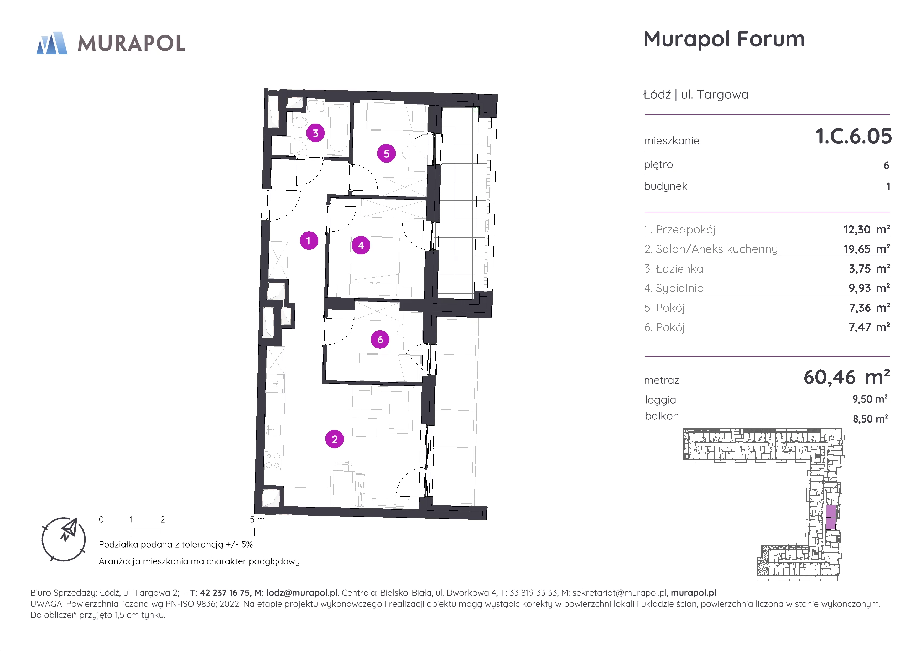 Mieszkanie 60,46 m², piętro 6, oferta nr 1.C.6.05, Murapol Forum, Łódź, Śródmieście, ul. Targowa