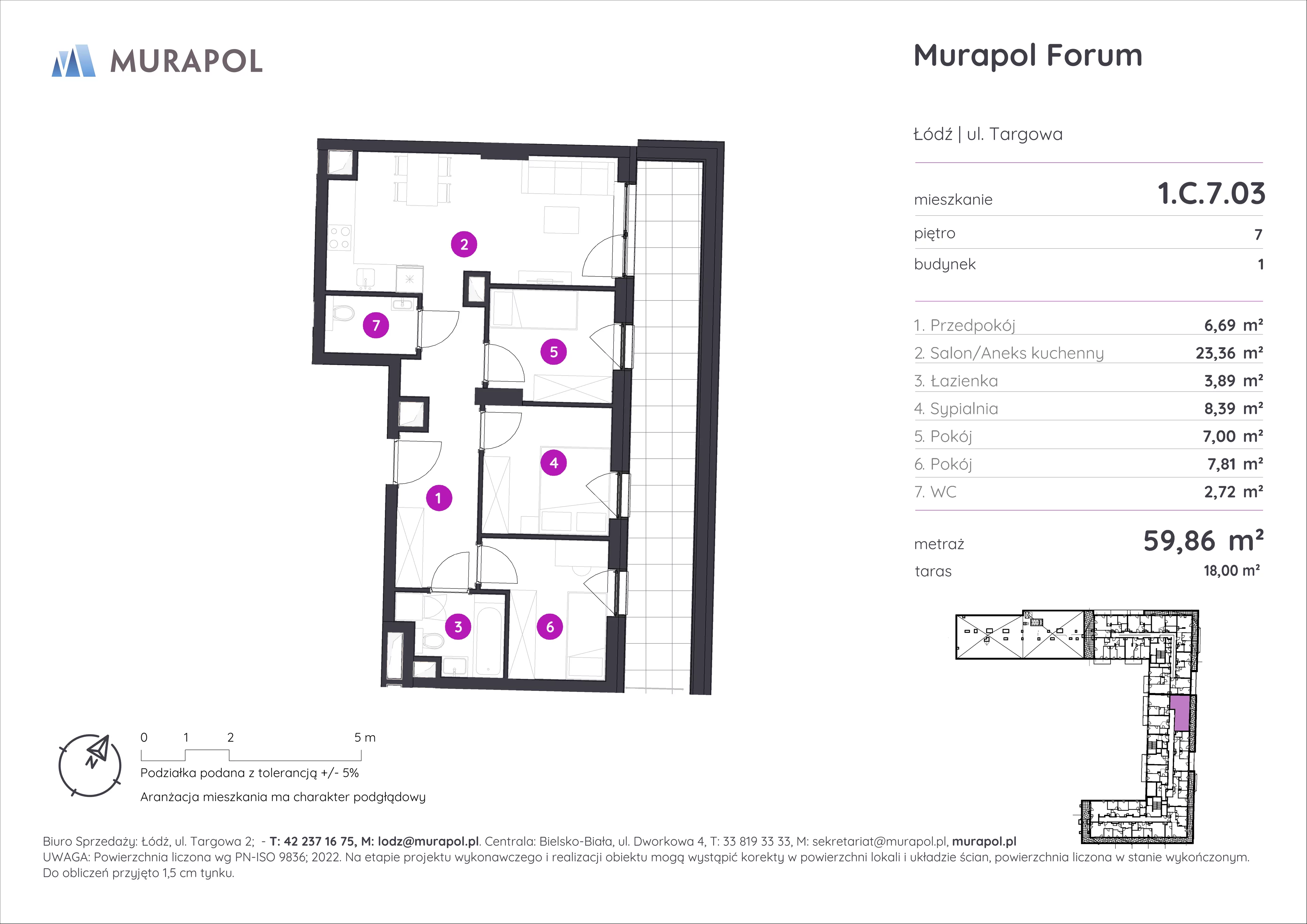 Mieszkanie 59,86 m², piętro 7, oferta nr 1.C.7.03, Murapol Forum, Łódź, Śródmieście, ul. Targowa