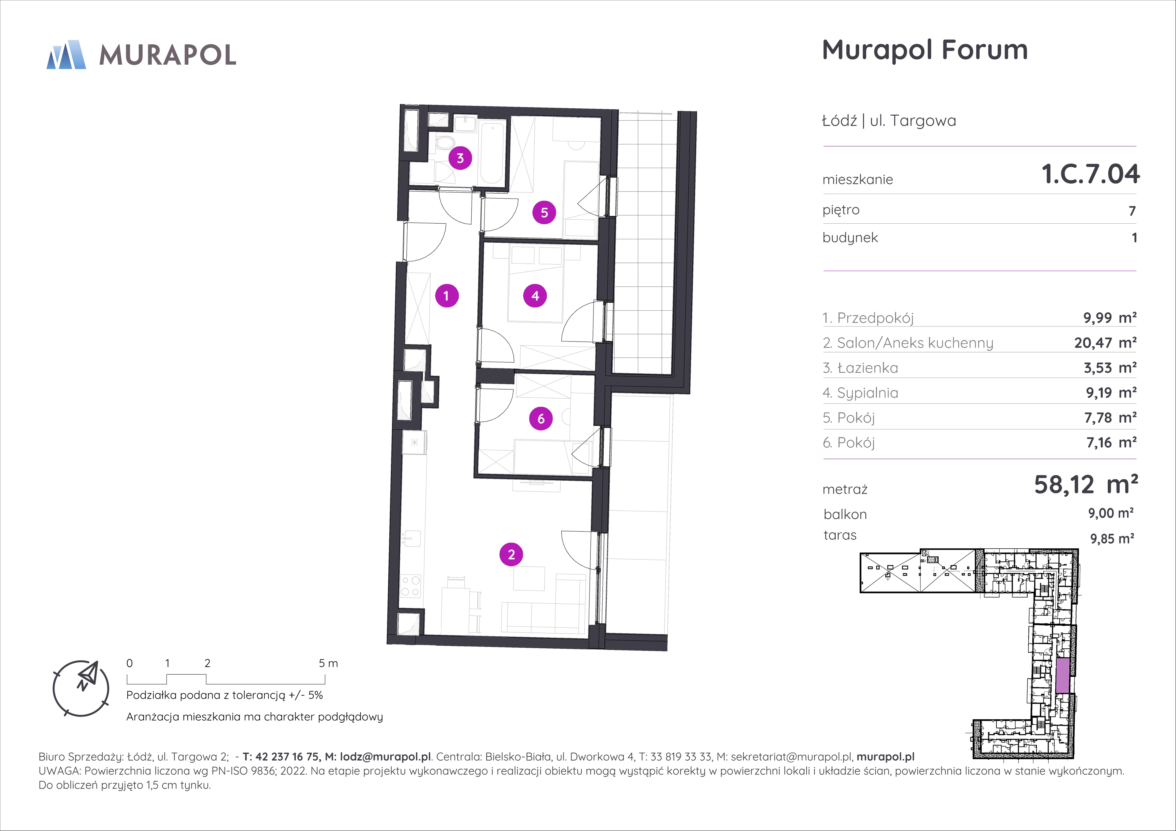 Mieszkanie 58,12 m², piętro 7, oferta nr 1.C.7.04, Murapol Forum, Łódź, Śródmieście, ul. Targowa