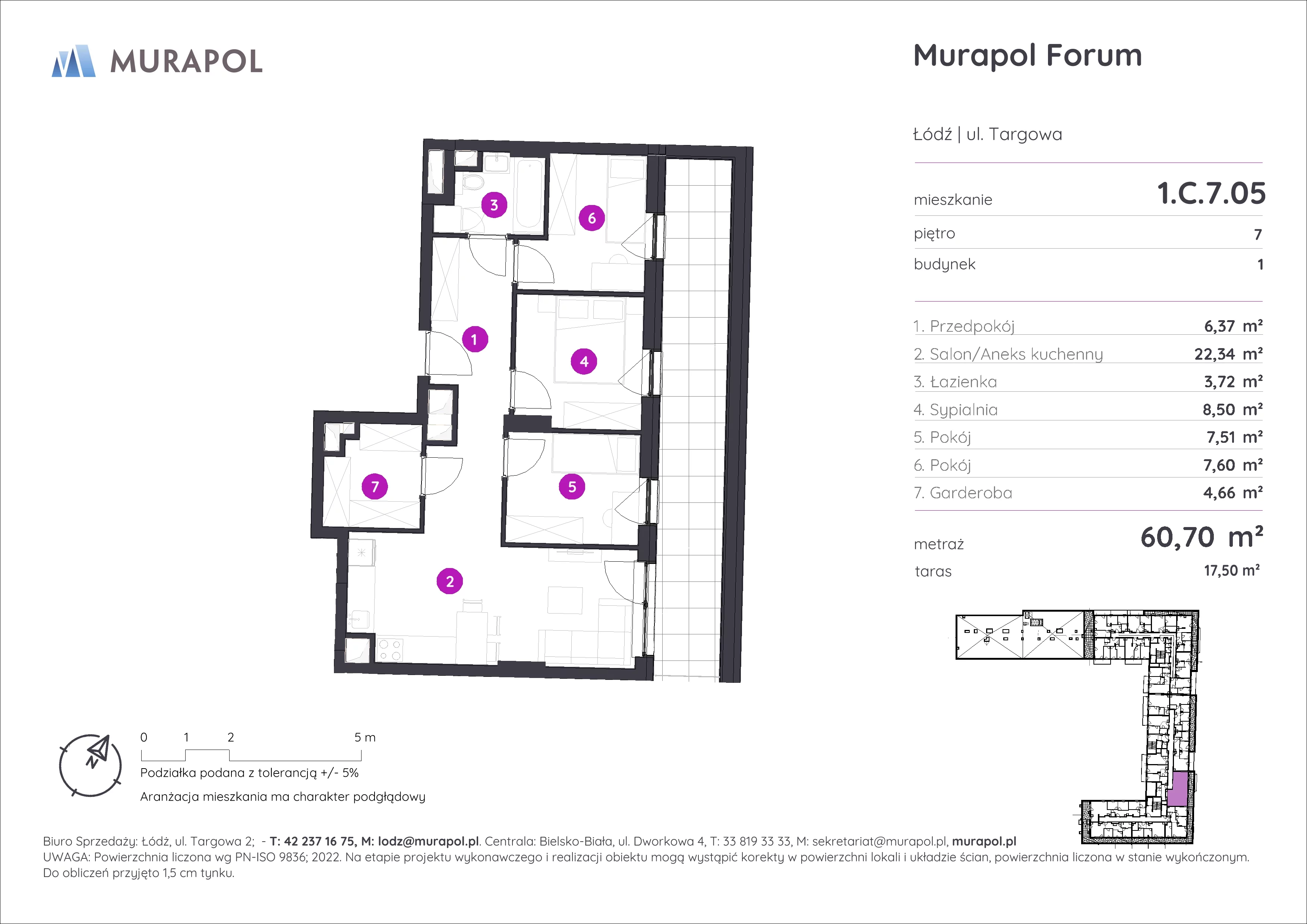 Mieszkanie 60,70 m², piętro 7, oferta nr 1.C.7.05, Murapol Forum, Łódź, Śródmieście, ul. Targowa