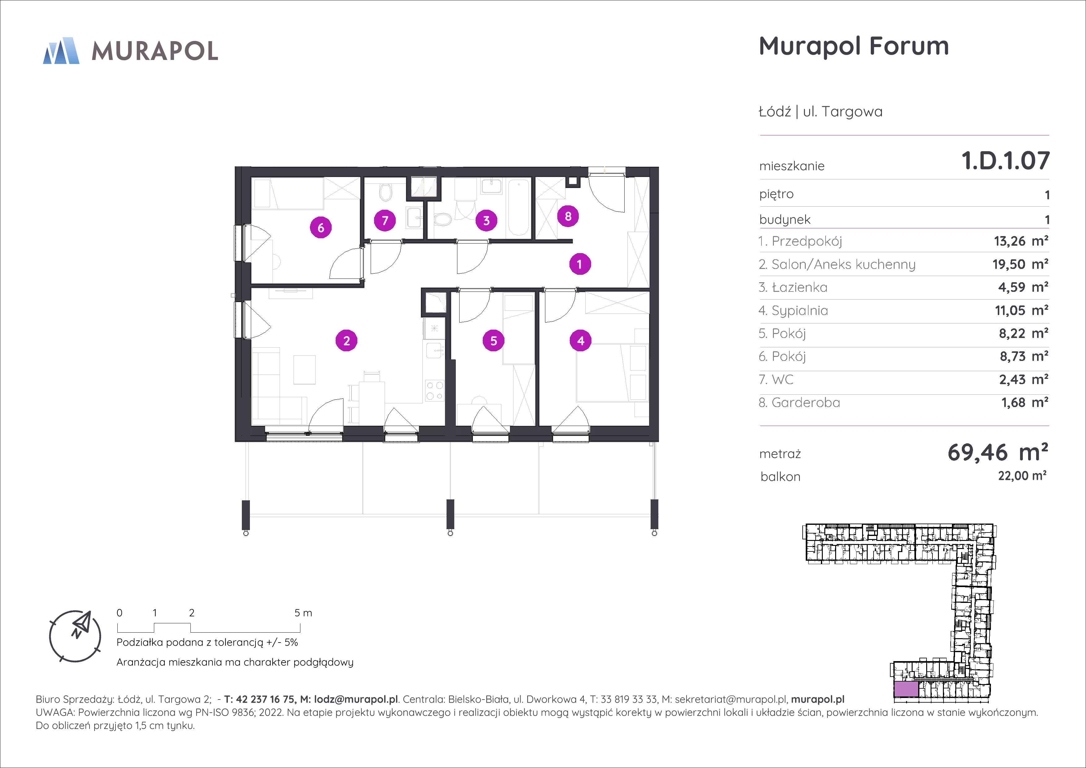 4 pokoje, mieszkanie 69,46 m², piętro 1, oferta nr 1.D.1.07, Murapol Forum, Łódź, Śródmieście, ul. Targowa