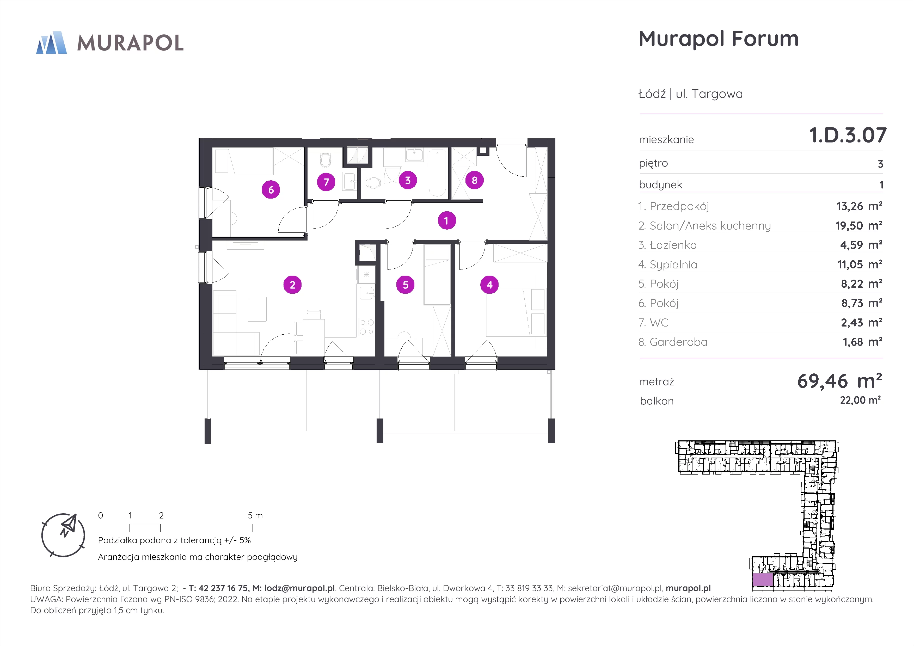 4 pokoje, mieszkanie 69,46 m², piętro 3, oferta nr 1.D.3.07, Murapol Forum, Łódź, Śródmieście, ul. Targowa