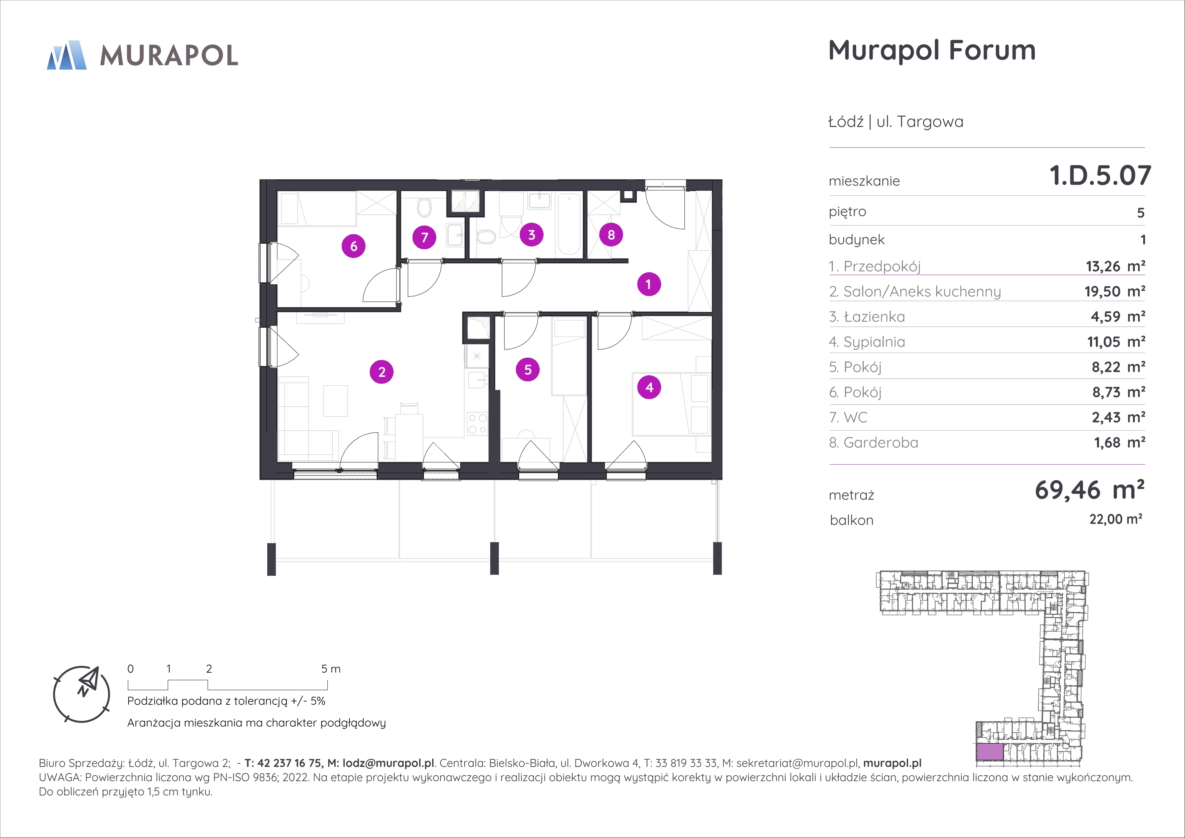 4 pokoje, mieszkanie 69,46 m², piętro 5, oferta nr 1.D.5.07, Murapol Forum, Łódź, Śródmieście, ul. Targowa