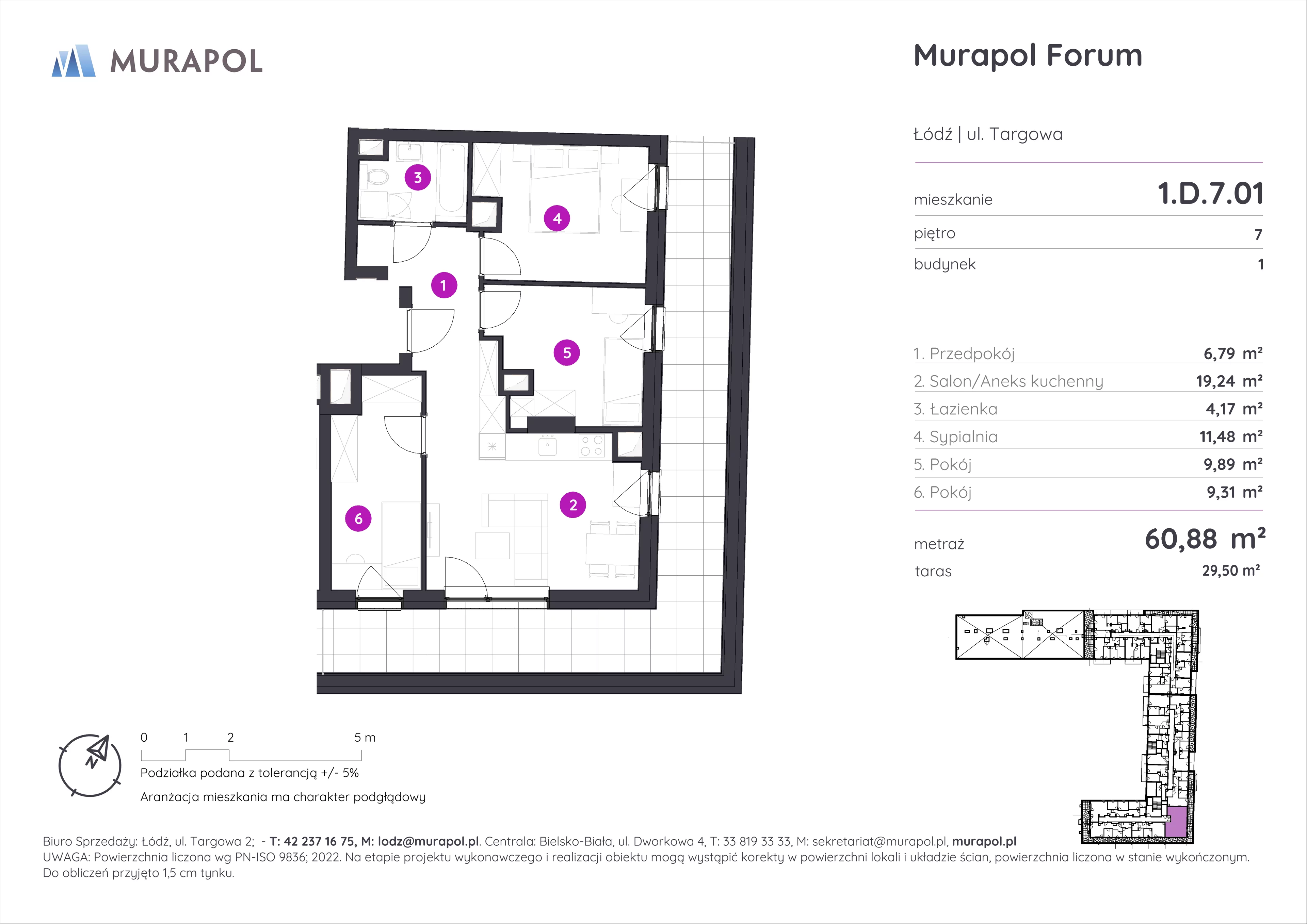 4 pokoje, mieszkanie 60,88 m², piętro 7, oferta nr 1.D.7.01, Murapol Forum, Łódź, Śródmieście, ul. Targowa