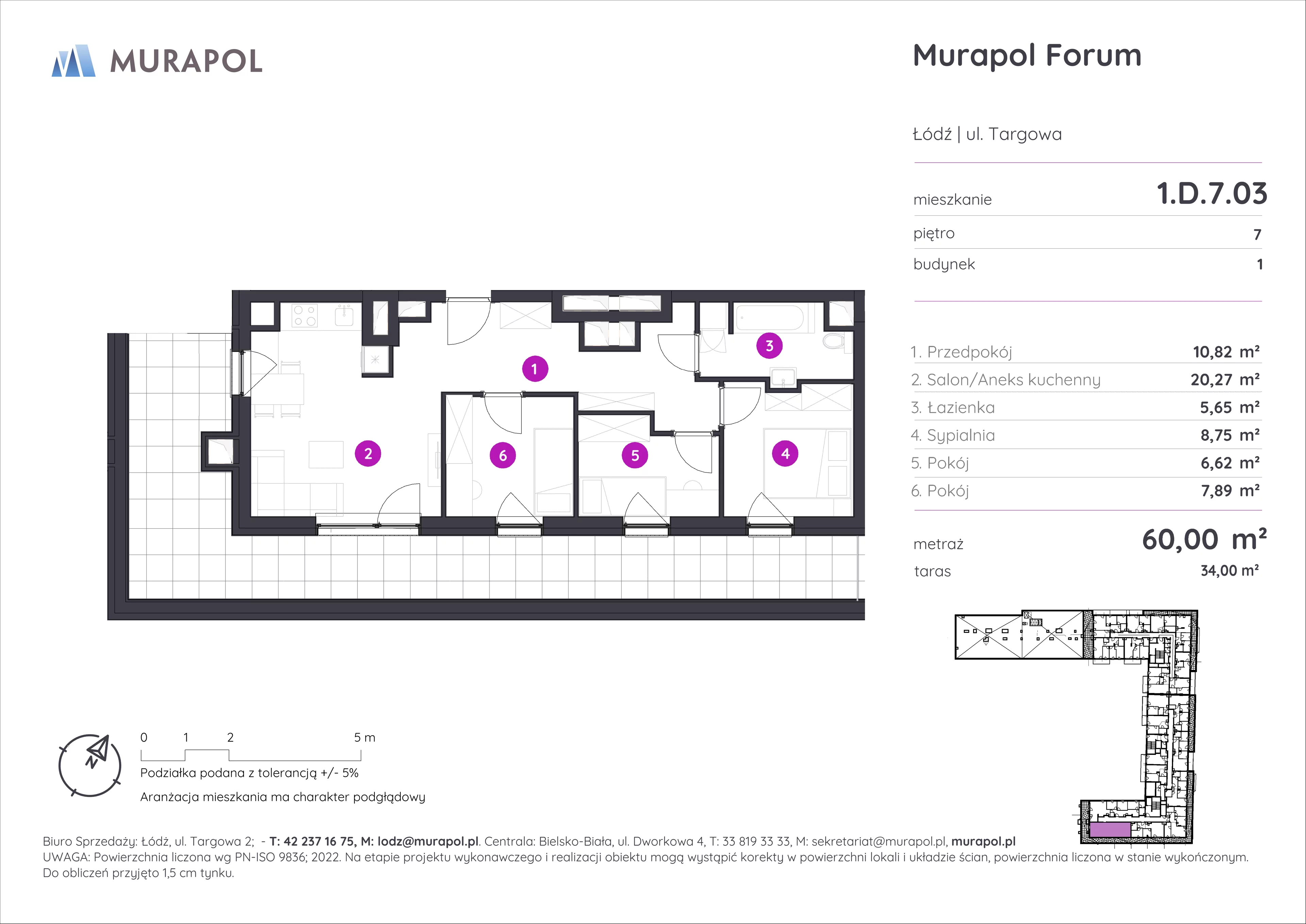 Mieszkanie 60,00 m², piętro 7, oferta nr 1.D.7.03, Murapol Forum, Łódź, Śródmieście, ul. Targowa