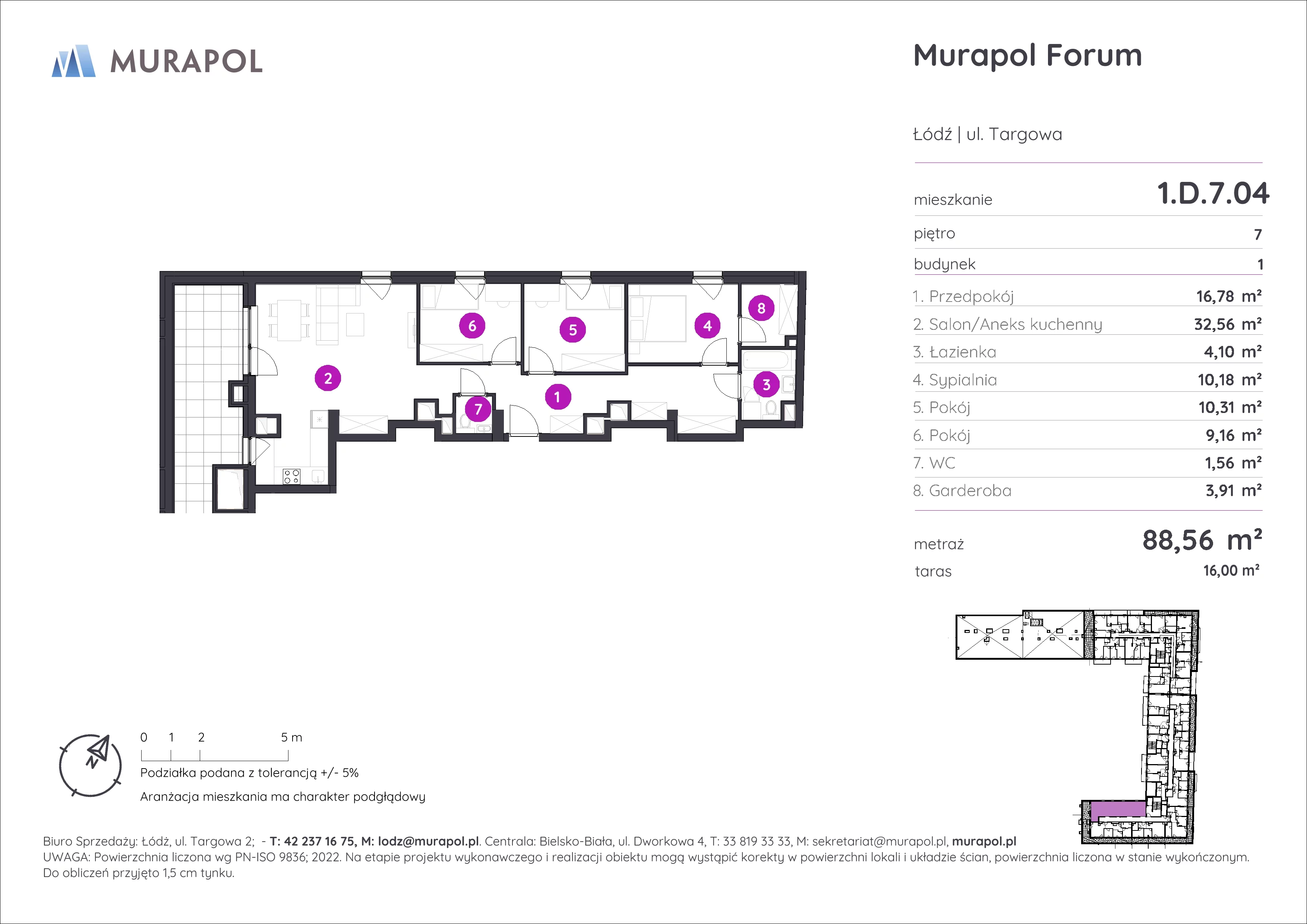 Mieszkanie 88,56 m², piętro 7, oferta nr 1.D.7.04, Murapol Forum, Łódź, Śródmieście, ul. Targowa-idx