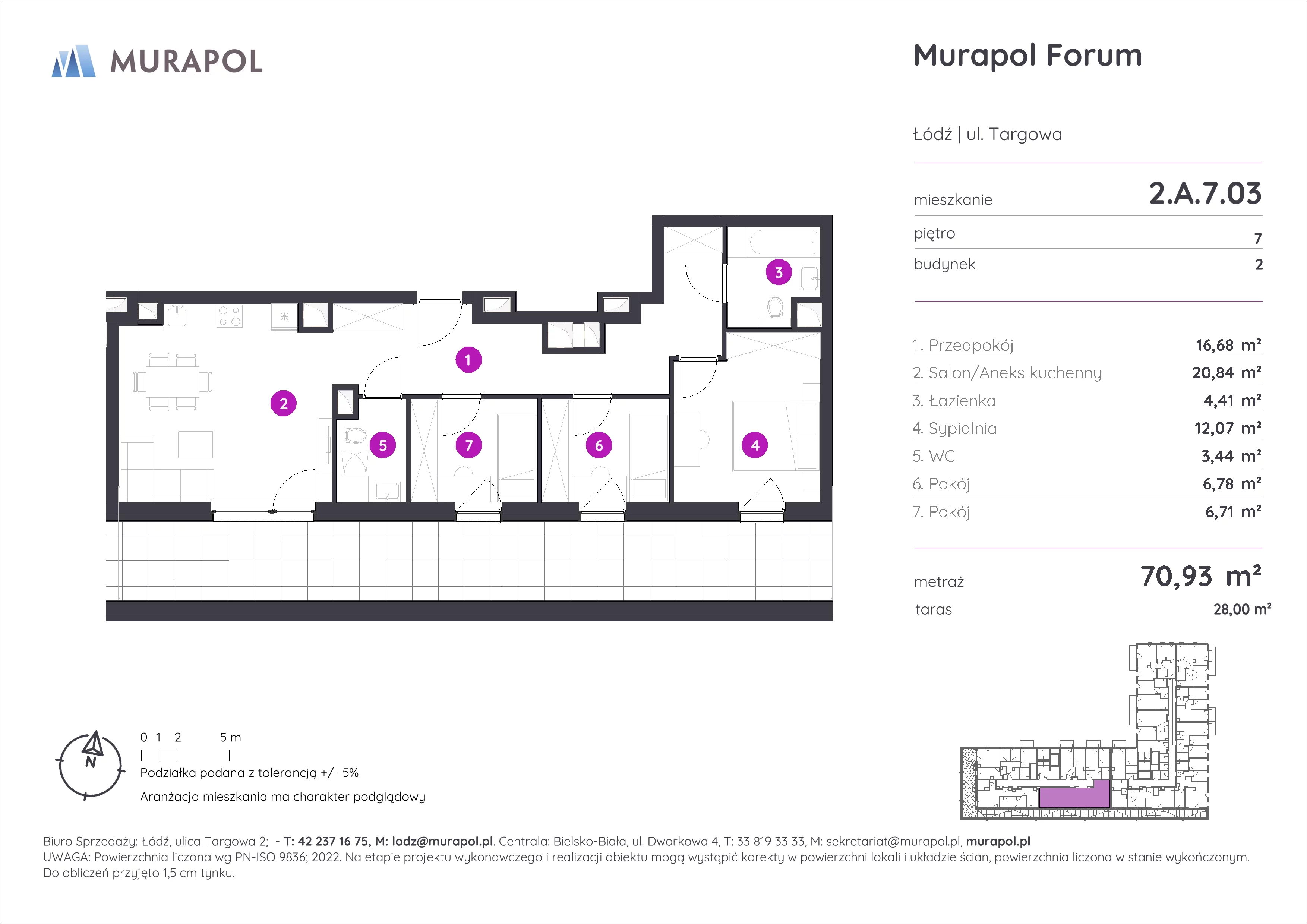 4 pokoje, mieszkanie 70,93 m², piętro 7, oferta nr 2.A.7.03, Murapol Forum, Łódź, Śródmieście, ul. Targowa