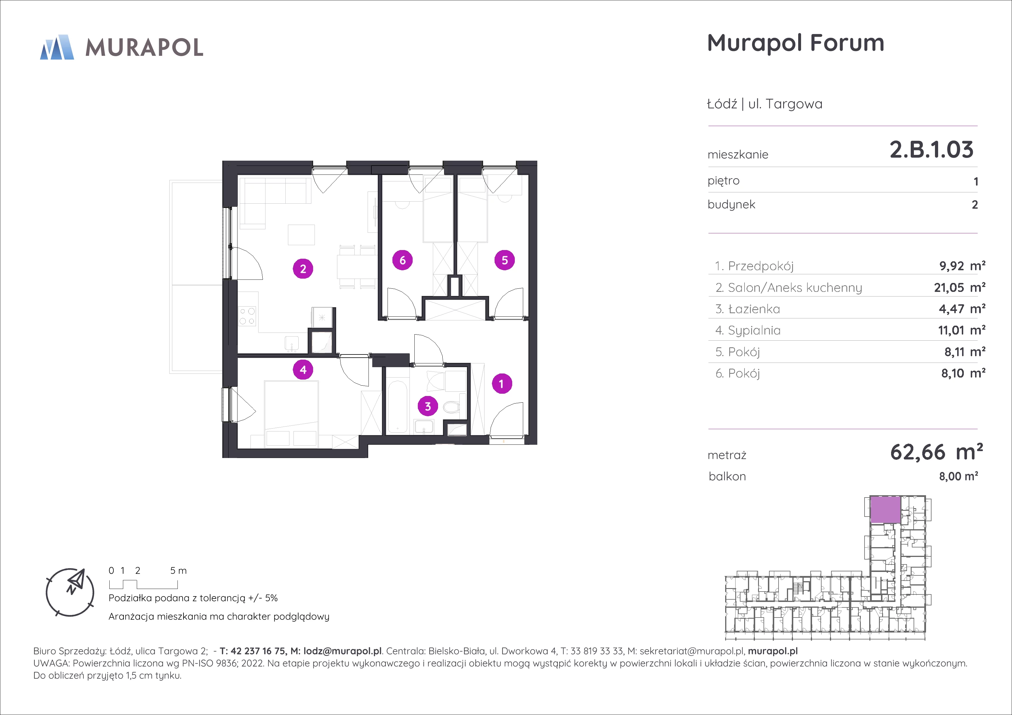 4 pokoje, mieszkanie 62,66 m², piętro 1, oferta nr 2.B.1.03, Murapol Forum, Łódź, Śródmieście, ul. Targowa