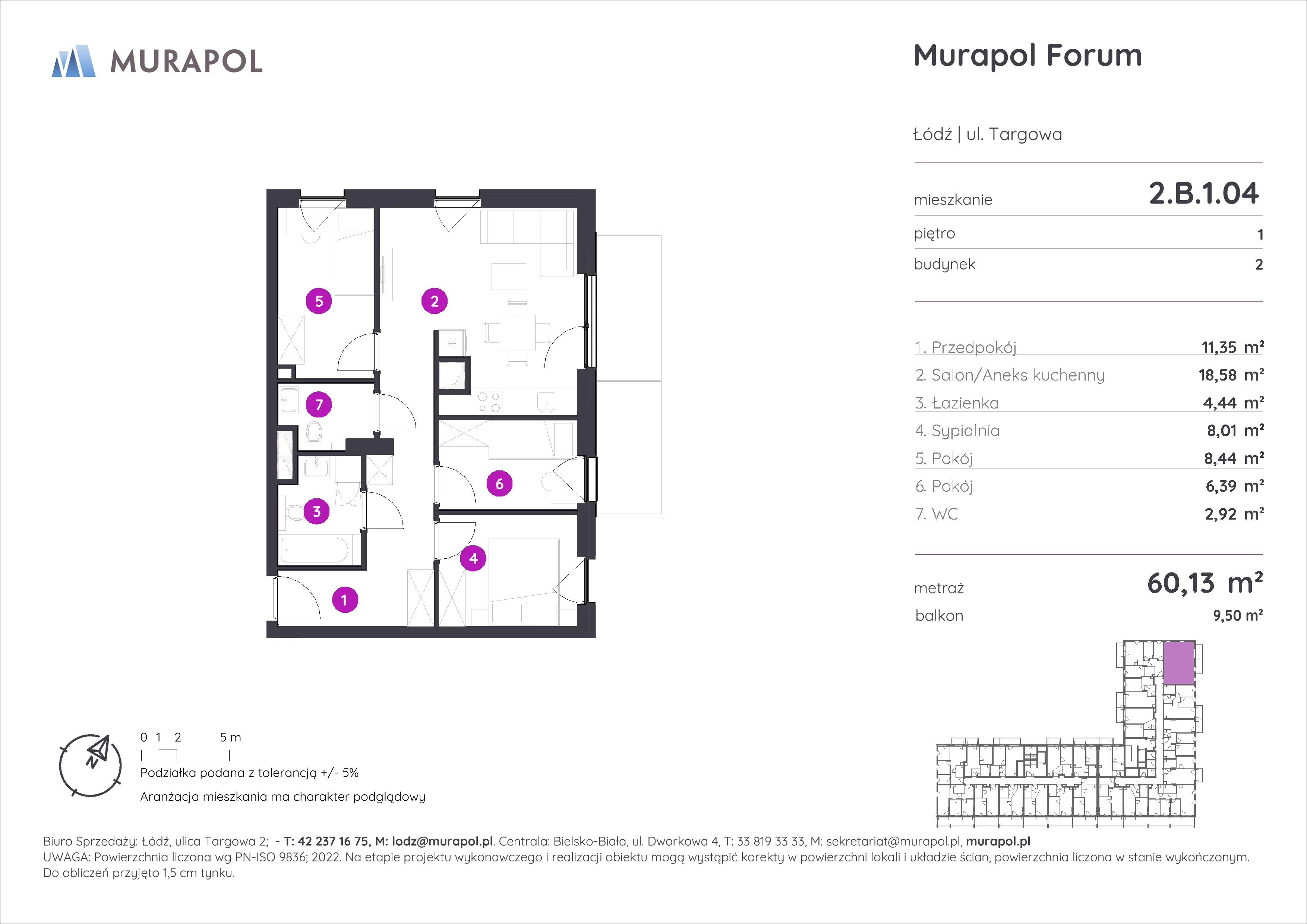 Mieszkanie 60,13 m², piętro 1, oferta nr 2.B.1.04, Murapol Forum, Łódź, Śródmieście, ul. Targowa