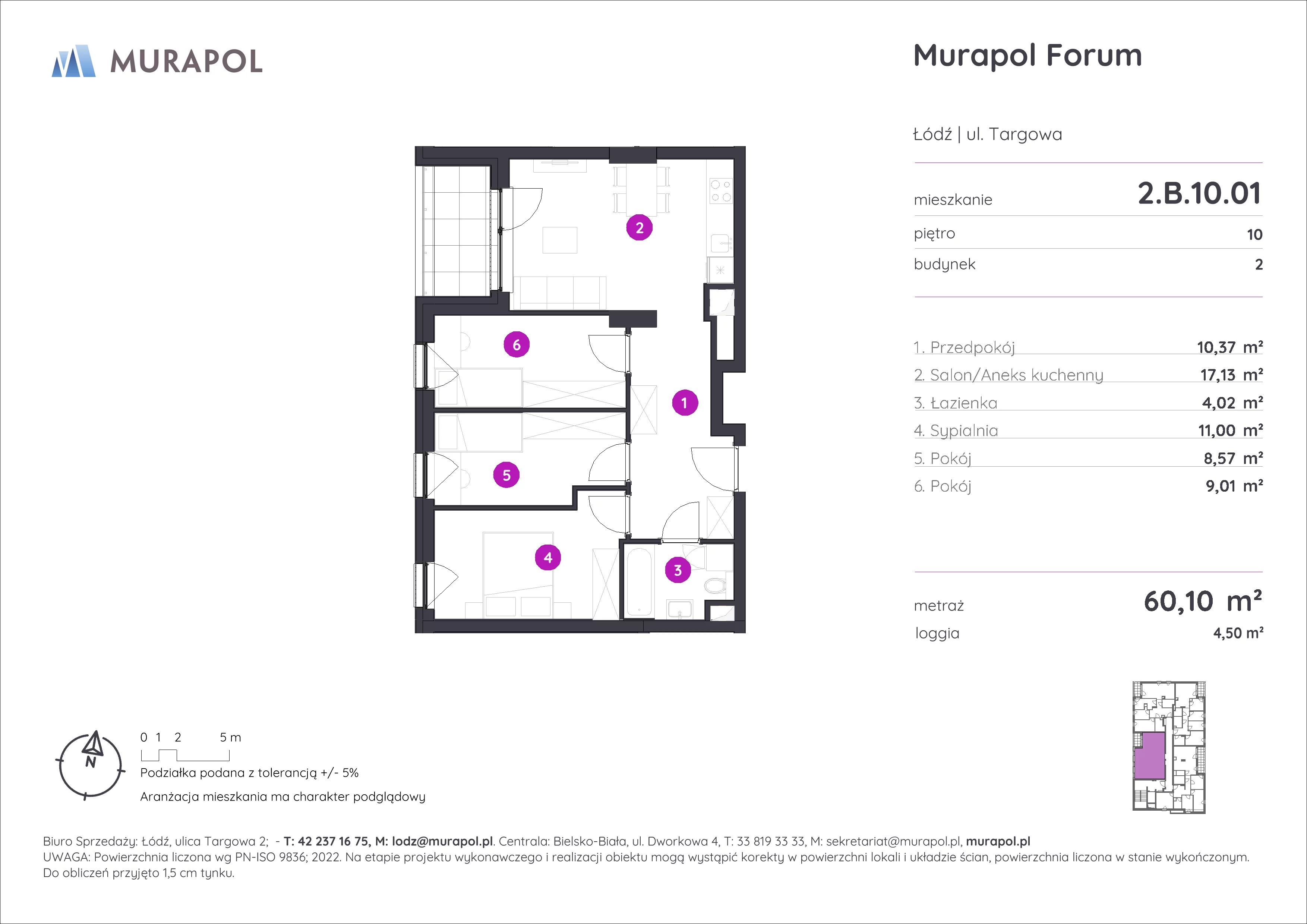 Mieszkanie 60,10 m², piętro 10, oferta nr 2.B.10.01, Murapol Forum, Łódź, Śródmieście, ul. Targowa