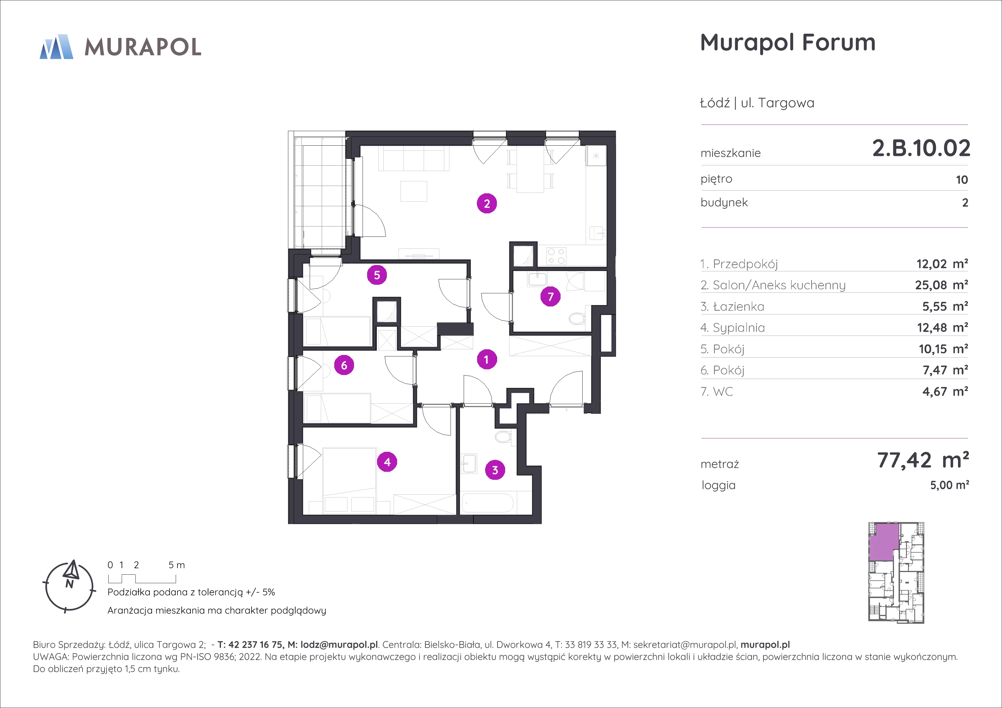 Mieszkanie 77,42 m², piętro 10, oferta nr 2.B.10.02, Murapol Forum, Łódź, Śródmieście, ul. Targowa