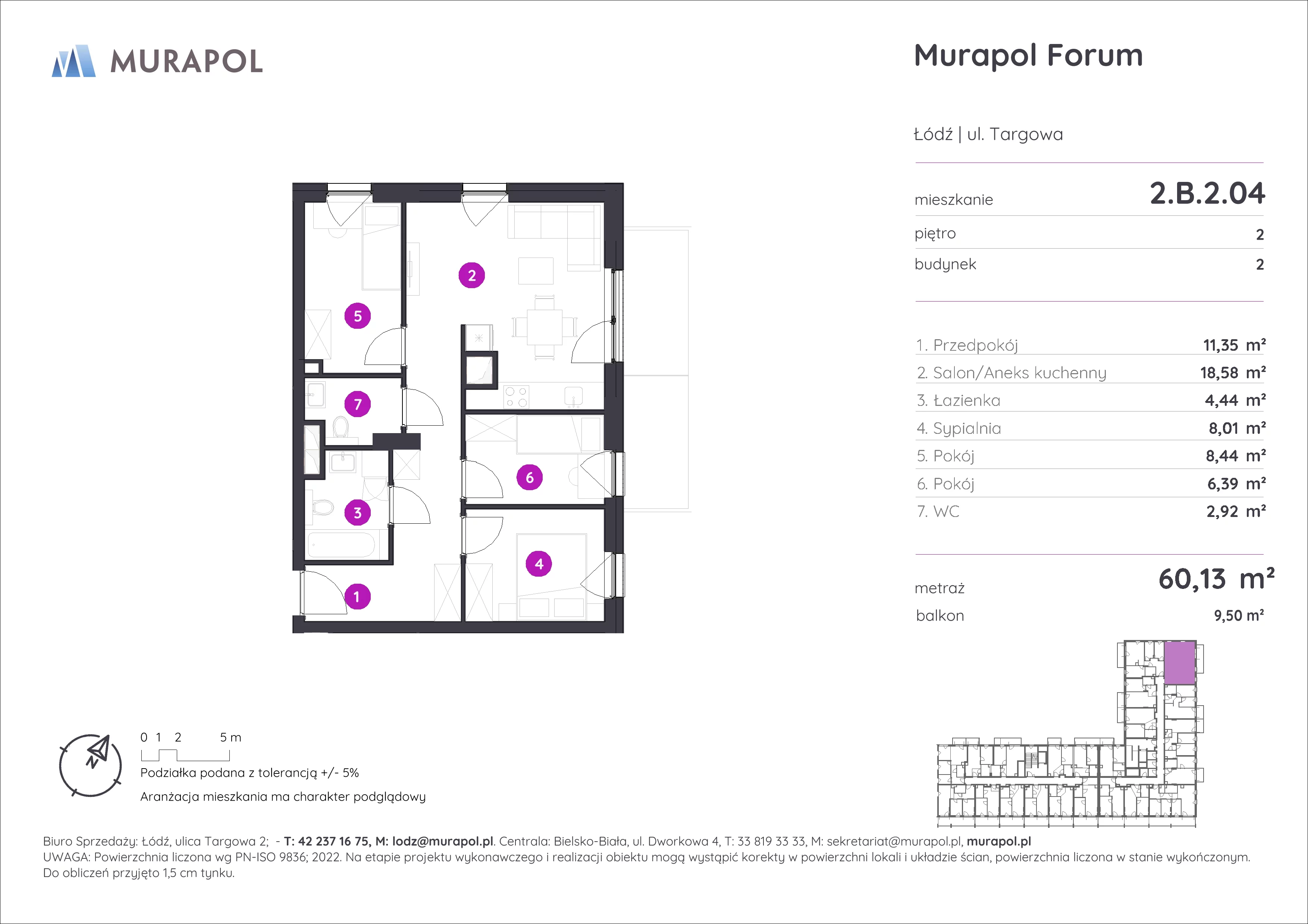 4 pokoje, mieszkanie 60,13 m², piętro 2, oferta nr 2.B.2.04, Murapol Forum, Łódź, Śródmieście, ul. Targowa