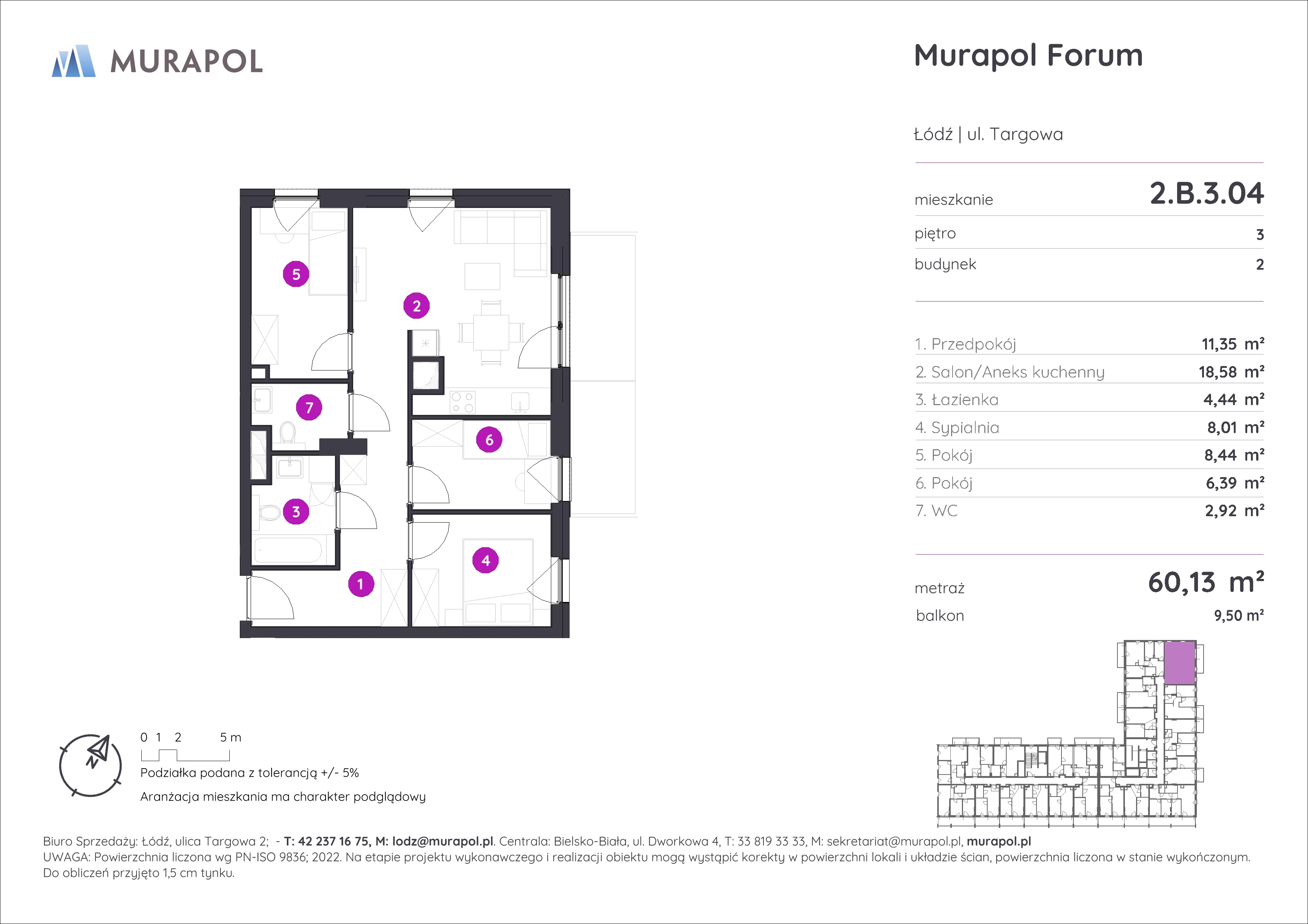 Mieszkanie 60,13 m², piętro 3, oferta nr 2.B.3.04, Murapol Forum, Łódź, Śródmieście, ul. Targowa