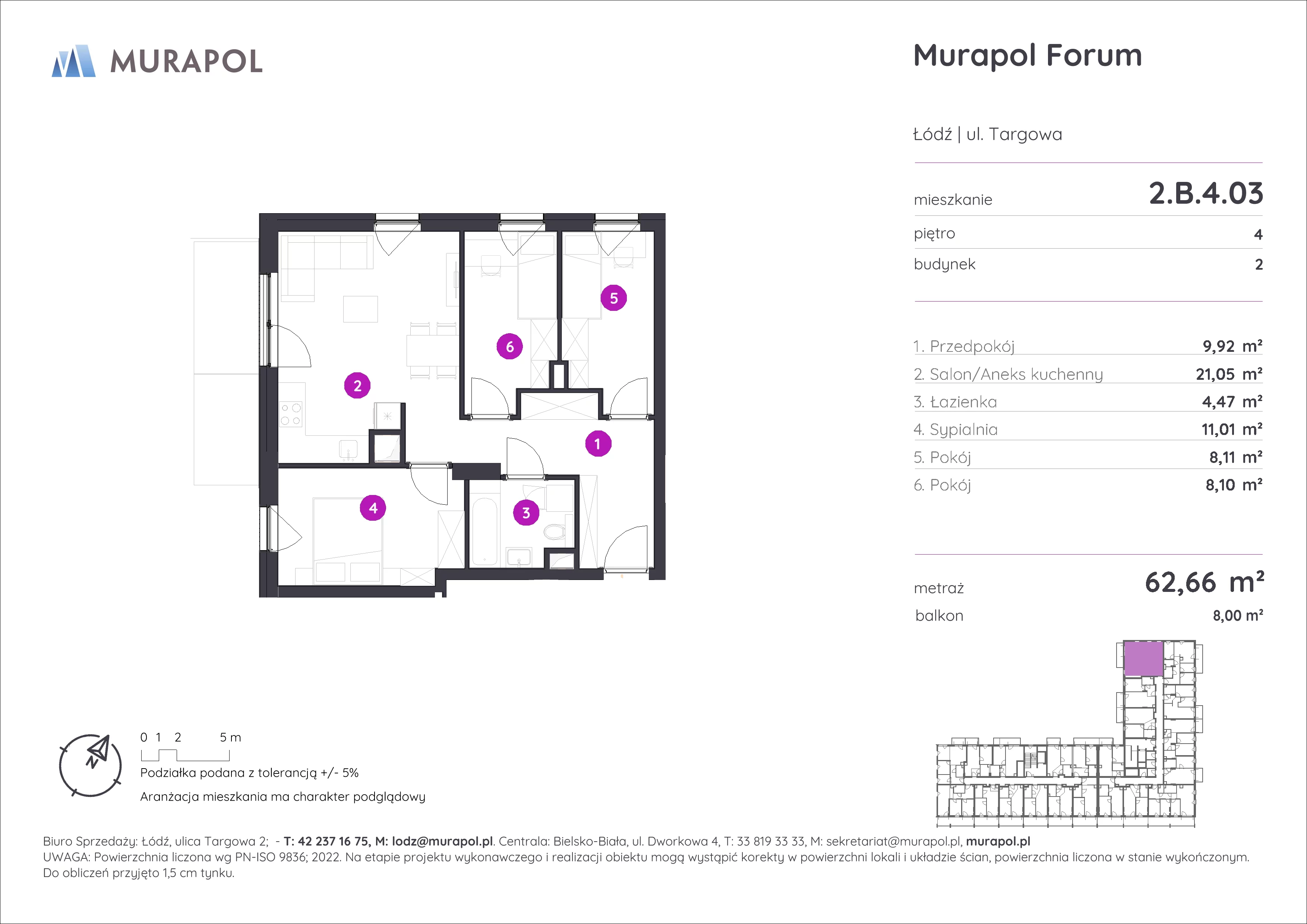 Mieszkanie 62,66 m², piętro 4, oferta nr 2.B.4.03, Murapol Forum, Łódź, Śródmieście, ul. Targowa