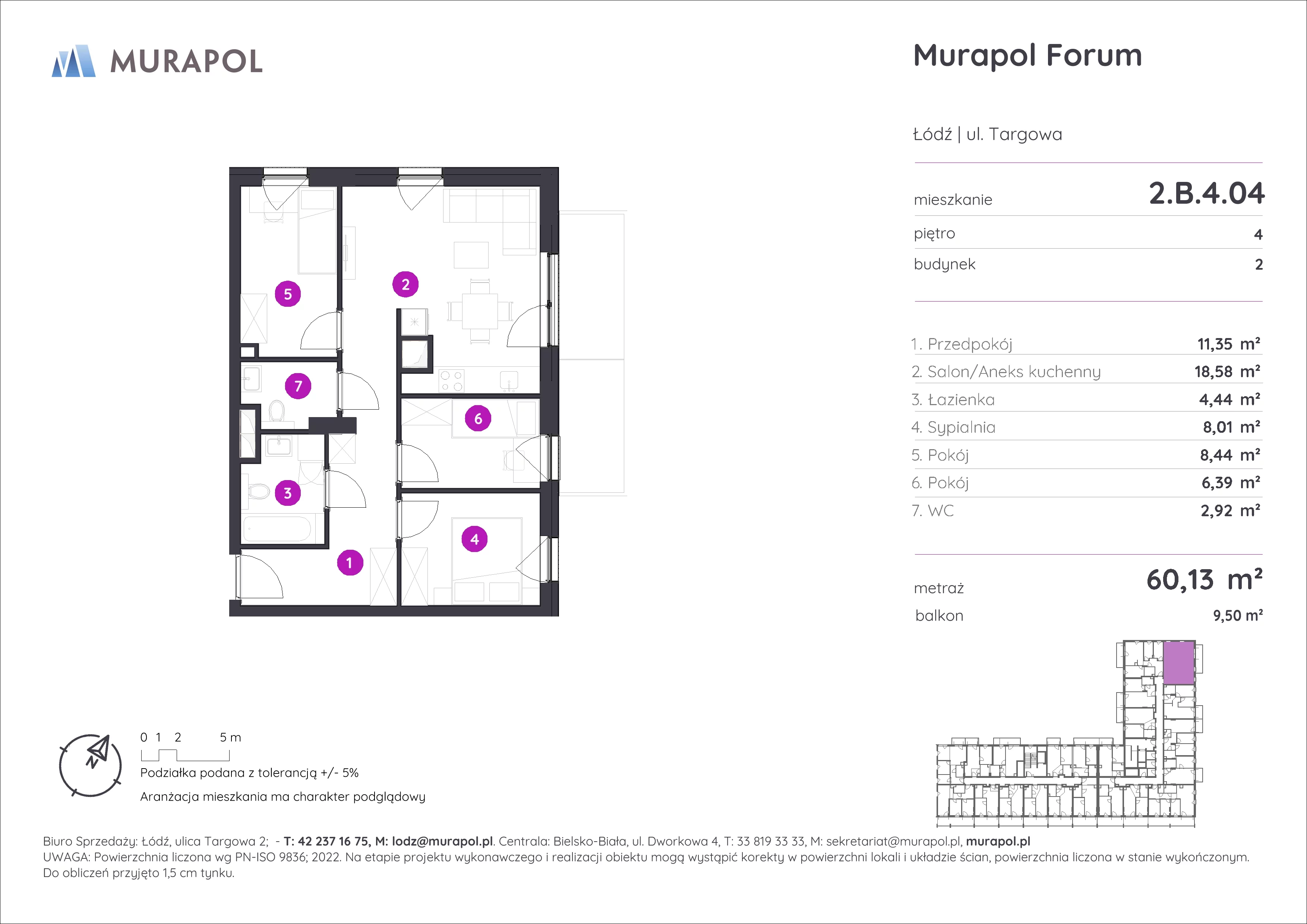 Mieszkanie 60,13 m², piętro 4, oferta nr 2.B.4.04, Murapol Forum, Łódź, Śródmieście, ul. Targowa