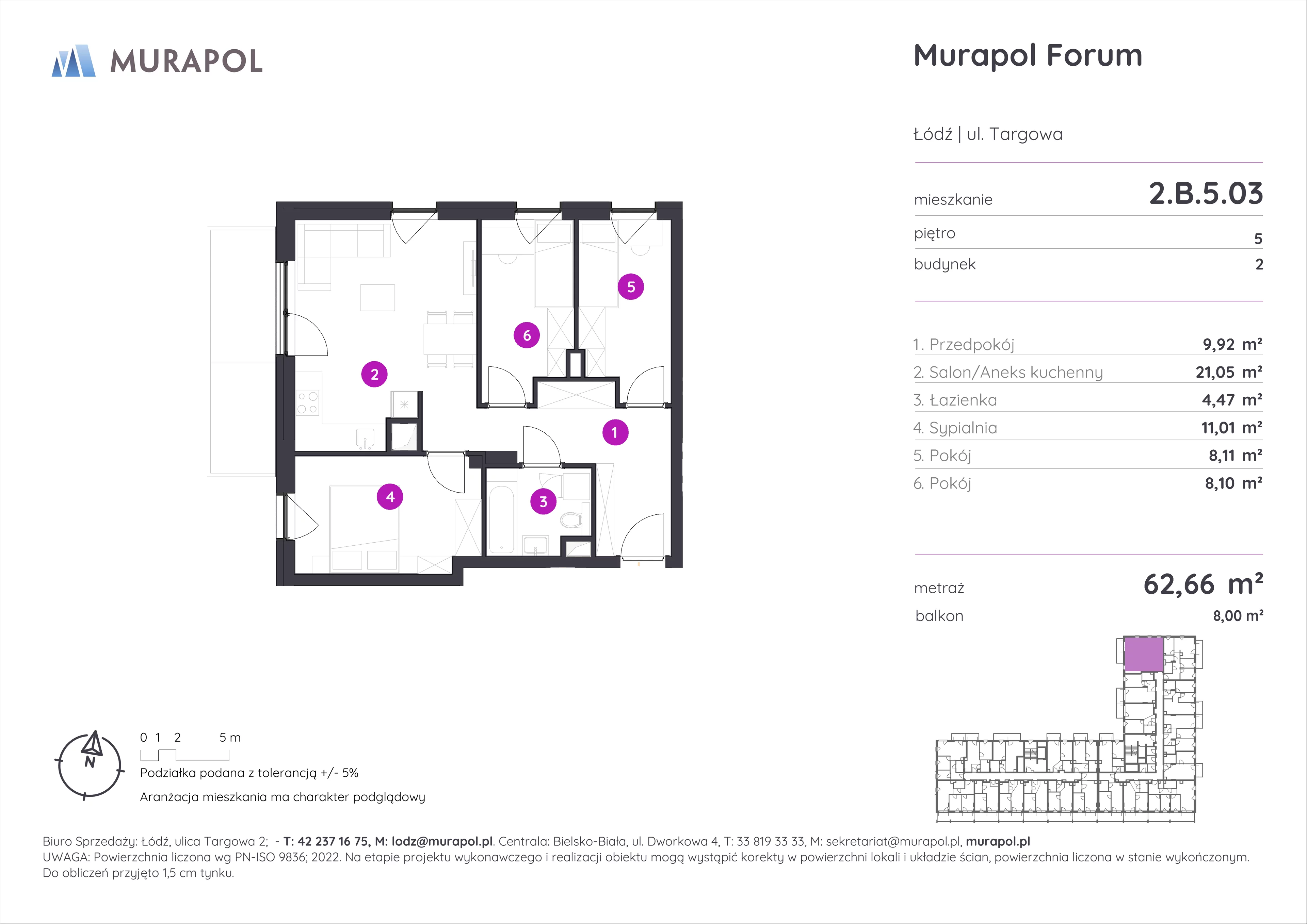 Mieszkanie 62,66 m², piętro 5, oferta nr 2.B.5.03, Murapol Forum, Łódź, Śródmieście, ul. Targowa