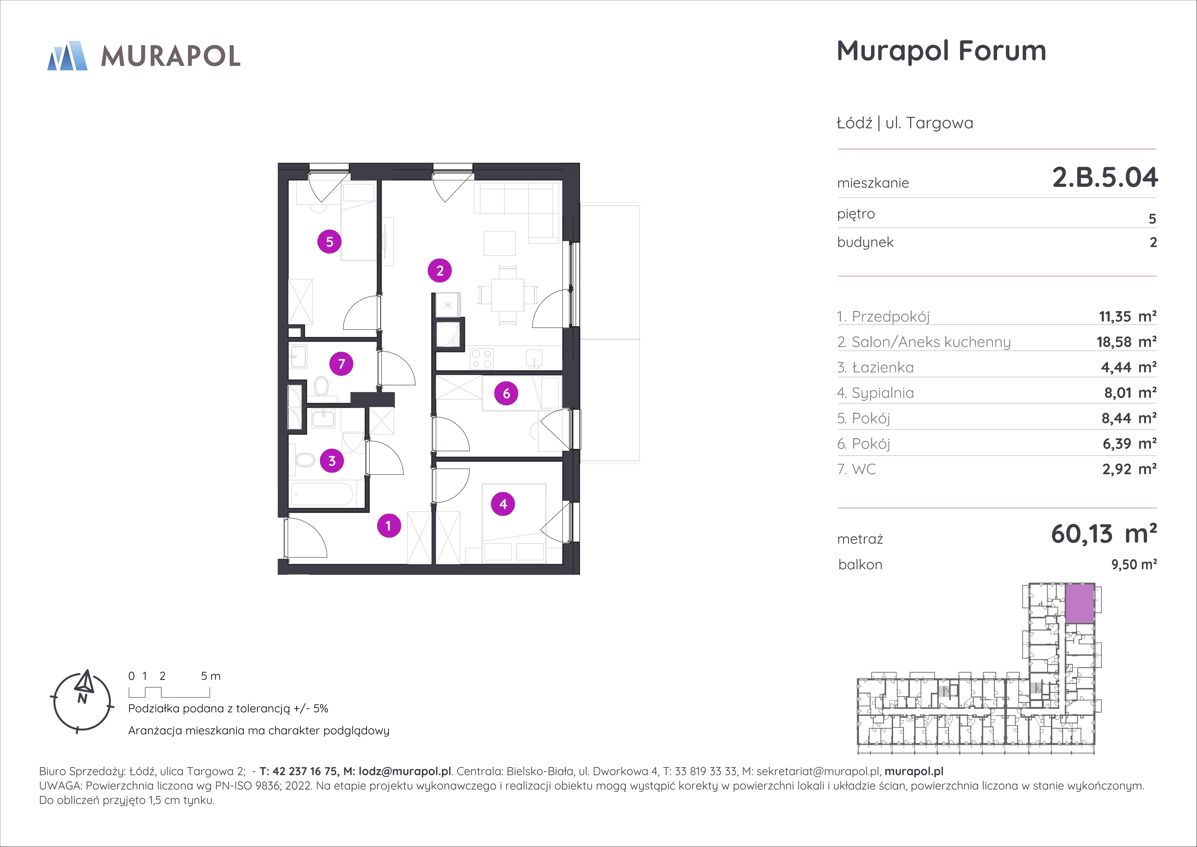 Mieszkanie 60,13 m², piętro 5, oferta nr 2.B.5.04, Murapol Forum, Łódź, Śródmieście, ul. Targowa