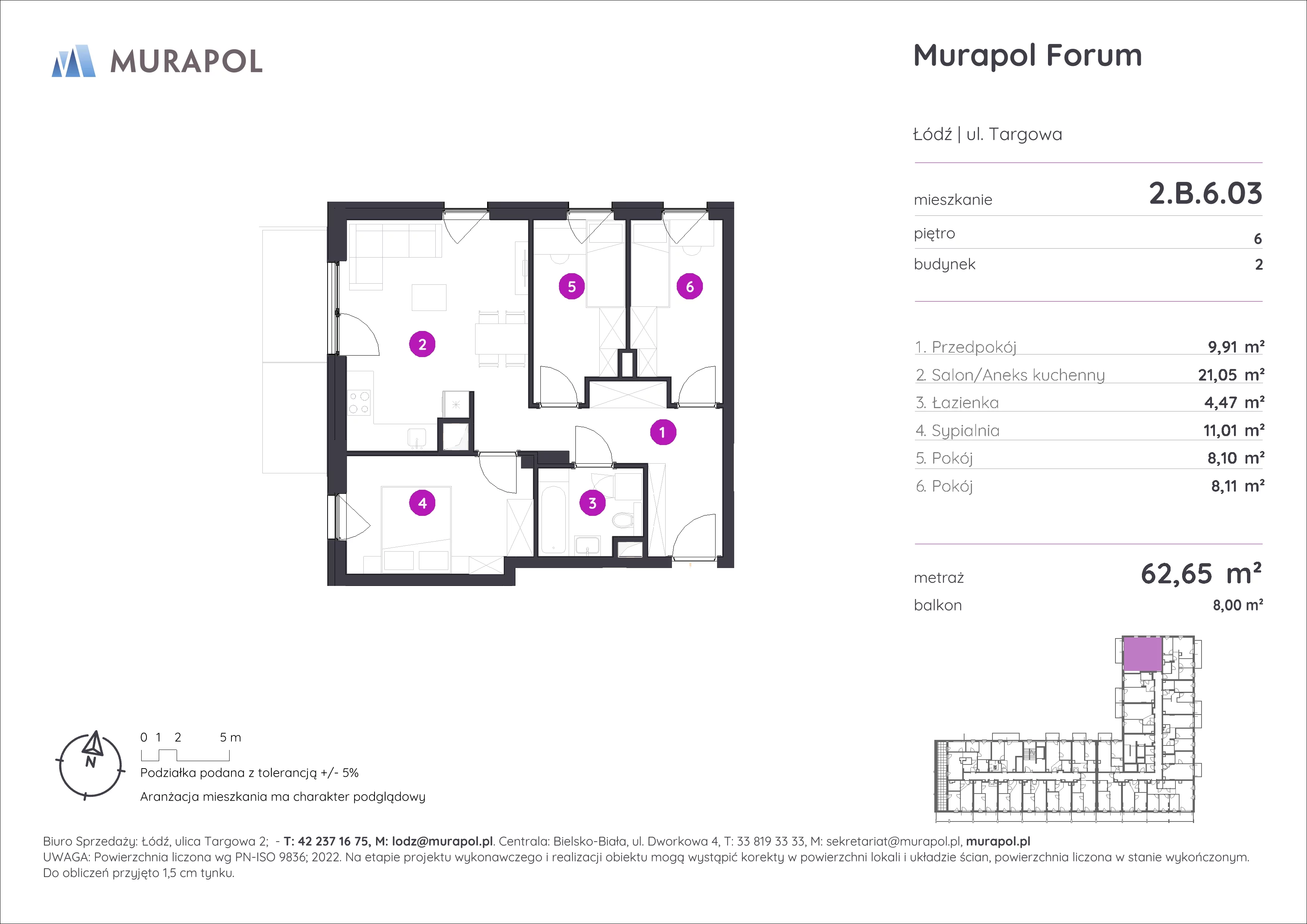 4 pokoje, mieszkanie 62,65 m², piętro 6, oferta nr 2.B.6.03, Murapol Forum, Łódź, Śródmieście, ul. Targowa