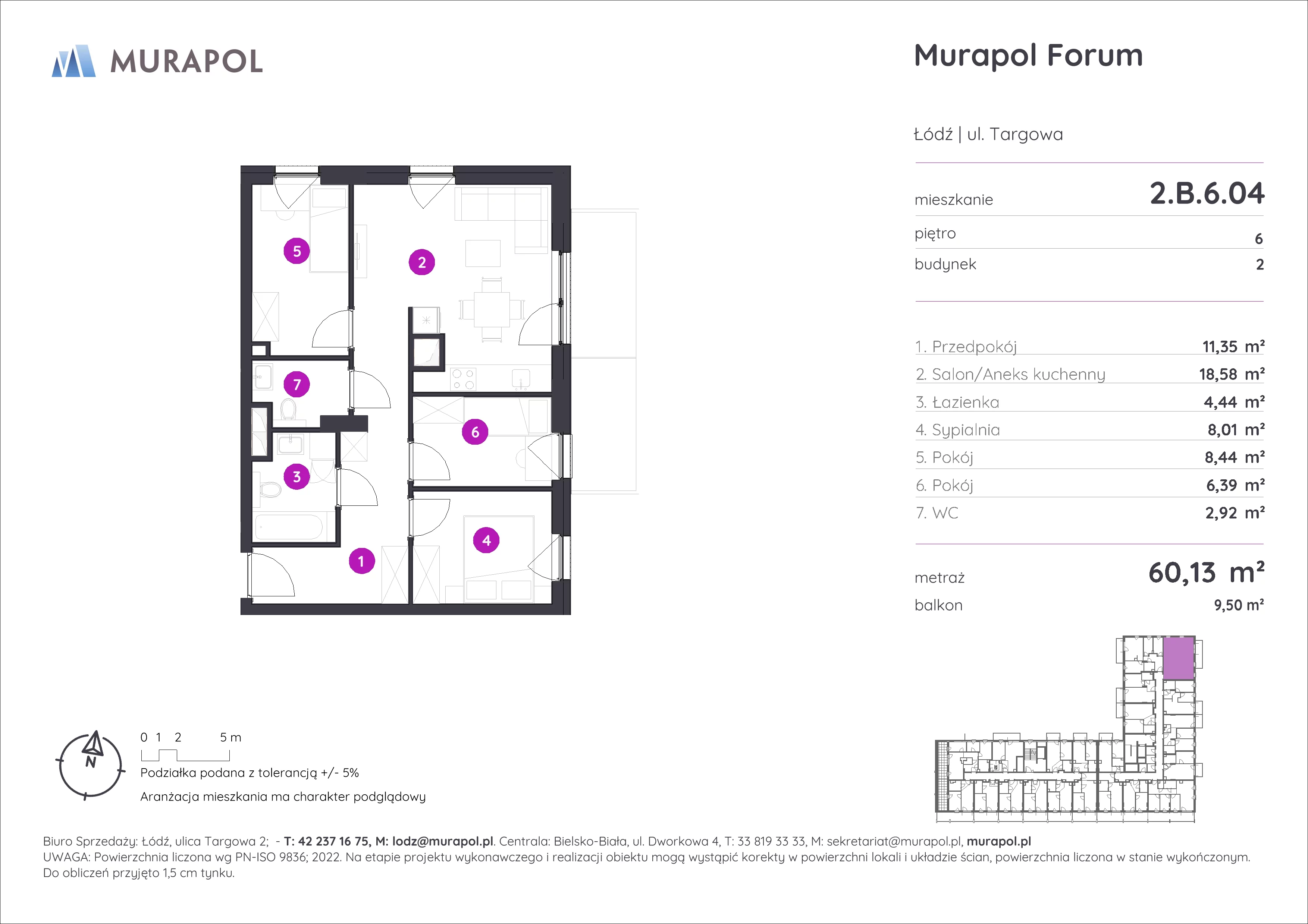 Mieszkanie 60,13 m², piętro 6, oferta nr 2.B.6.04, Murapol Forum, Łódź, Śródmieście, ul. Targowa