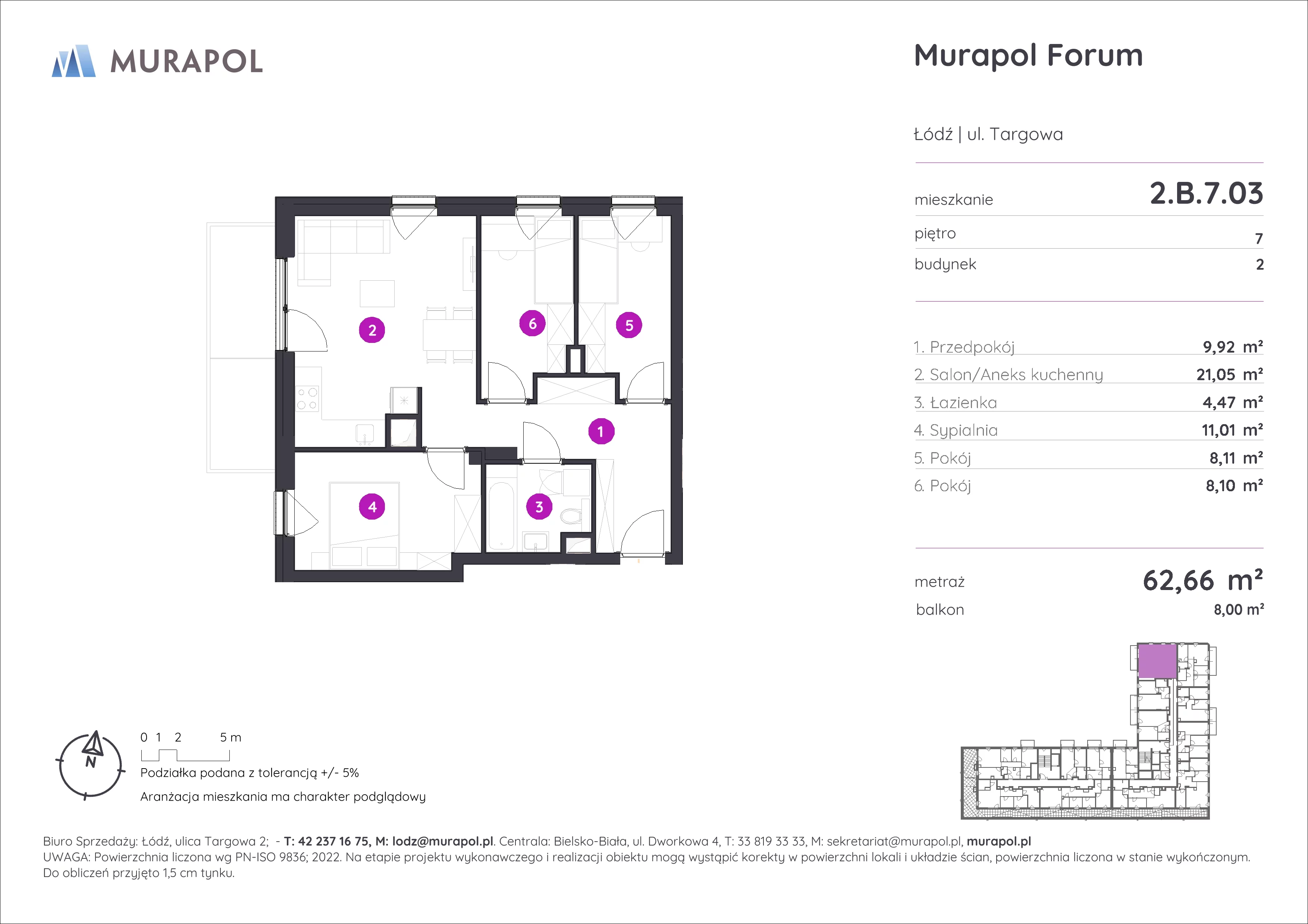 Mieszkanie 62,66 m², piętro 7, oferta nr 2.B.7.03, Murapol Forum, Łódź, Śródmieście, ul. Targowa