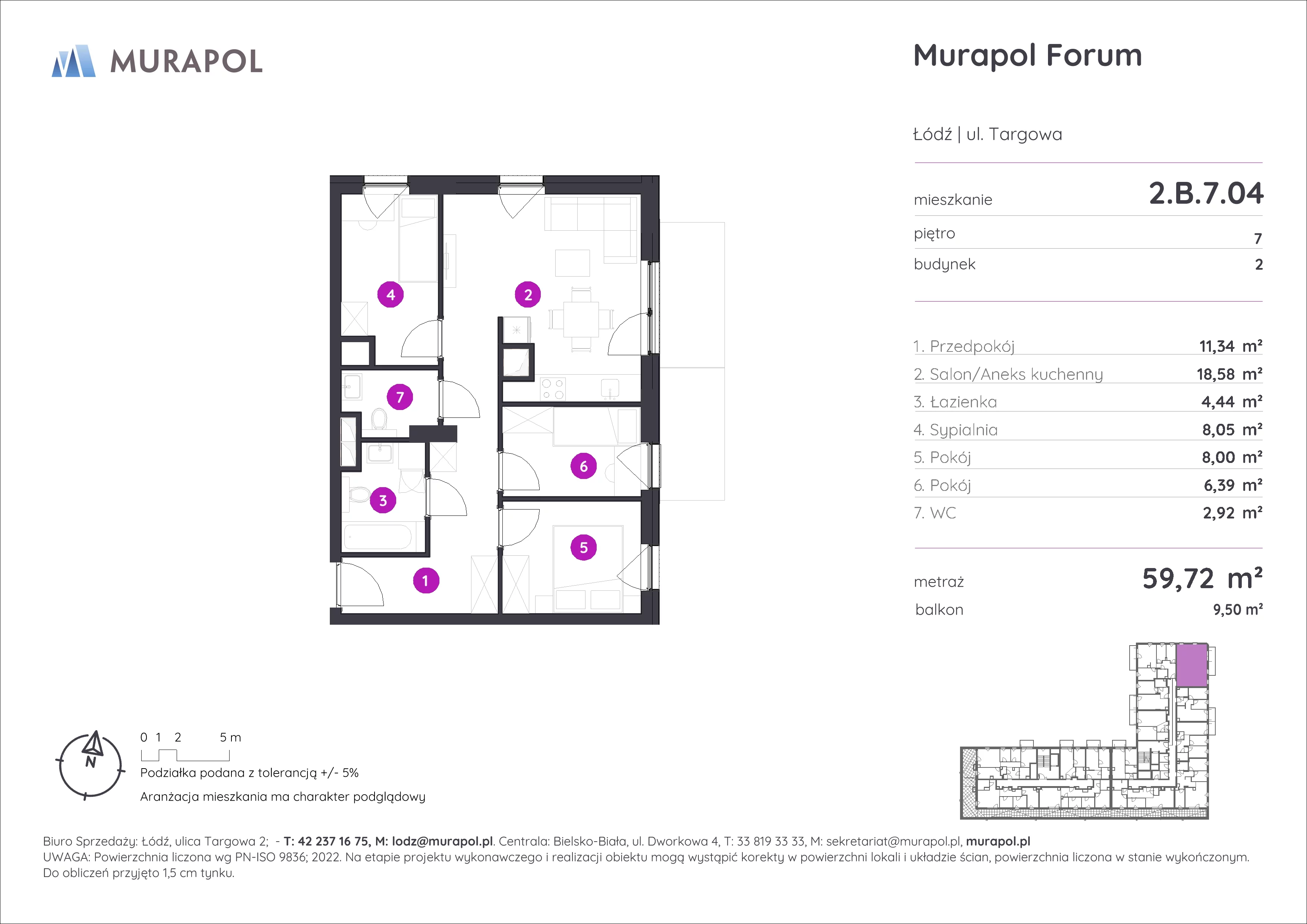 4 pokoje, mieszkanie 59,72 m², piętro 7, oferta nr 2.B.7.04, Murapol Forum, Łódź, Śródmieście, ul. Targowa