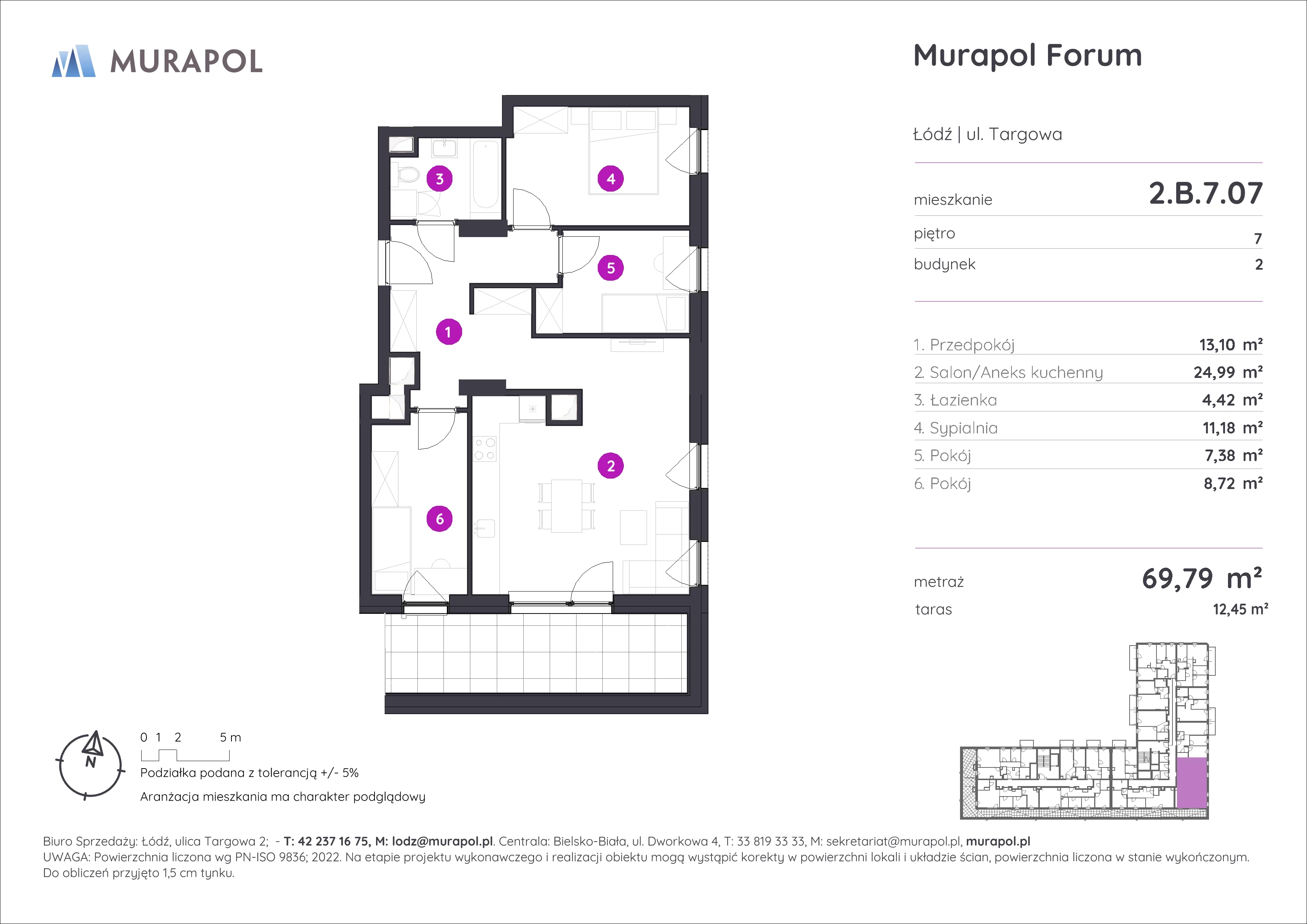 Mieszkanie 69,79 m², piętro 7, oferta nr 2.B.7.07, Murapol Forum, Łódź, Śródmieście, ul. Targowa