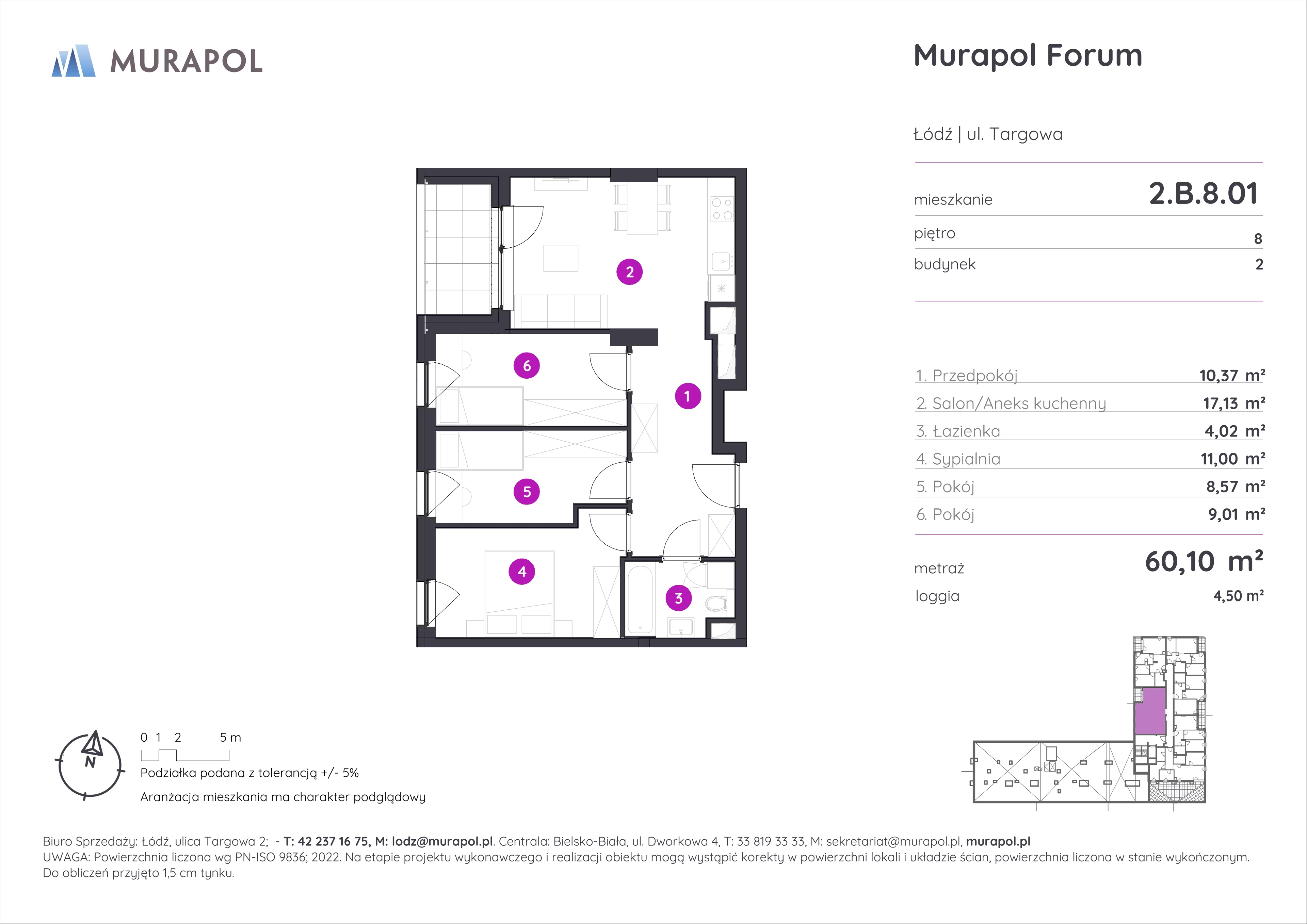 4 pokoje, mieszkanie 60,10 m², piętro 8, oferta nr 2.B.8.01, Murapol Forum, Łódź, Śródmieście, ul. Targowa