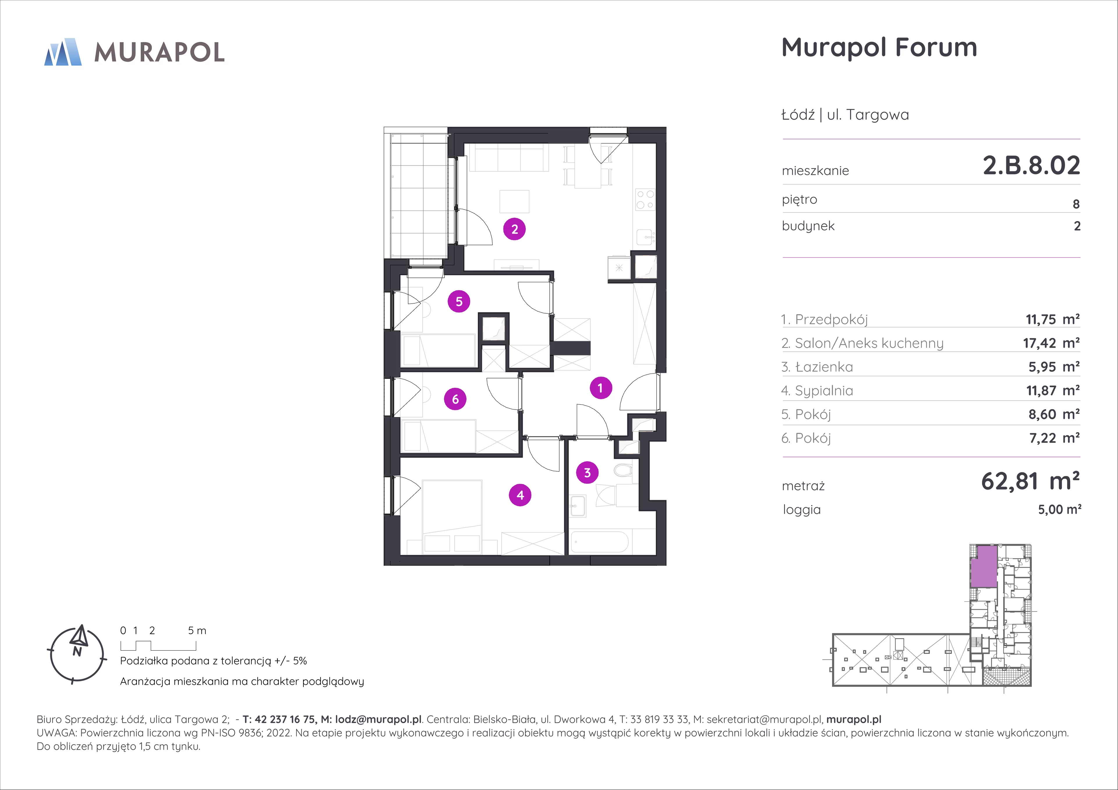 4 pokoje, mieszkanie 62,81 m², piętro 8, oferta nr 2.B.8.02, Murapol Forum, Łódź, Śródmieście, ul. Targowa