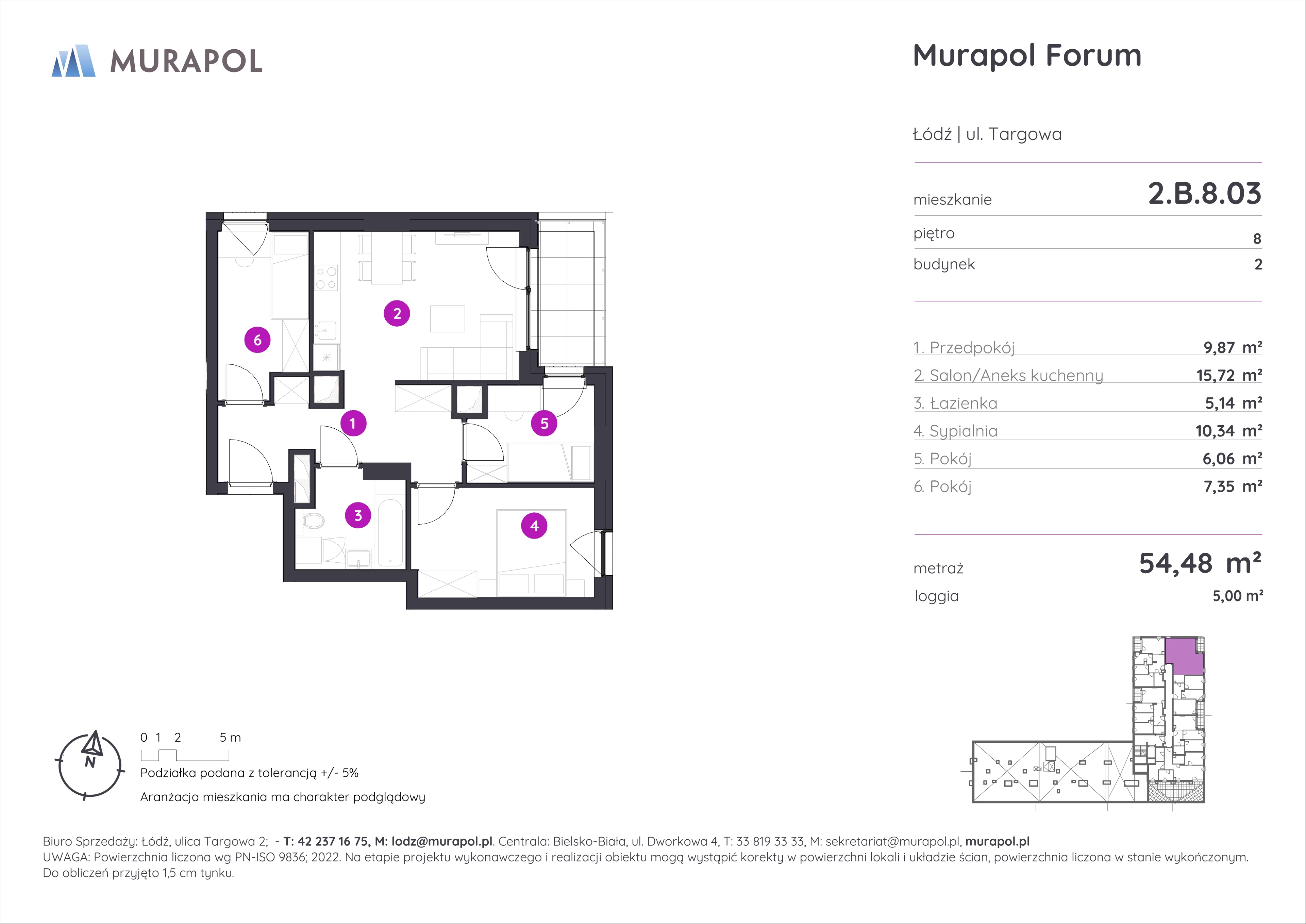 4 pokoje, mieszkanie 54,48 m², piętro 8, oferta nr 2.B.8.03, Murapol Forum, Łódź, Śródmieście, ul. Targowa