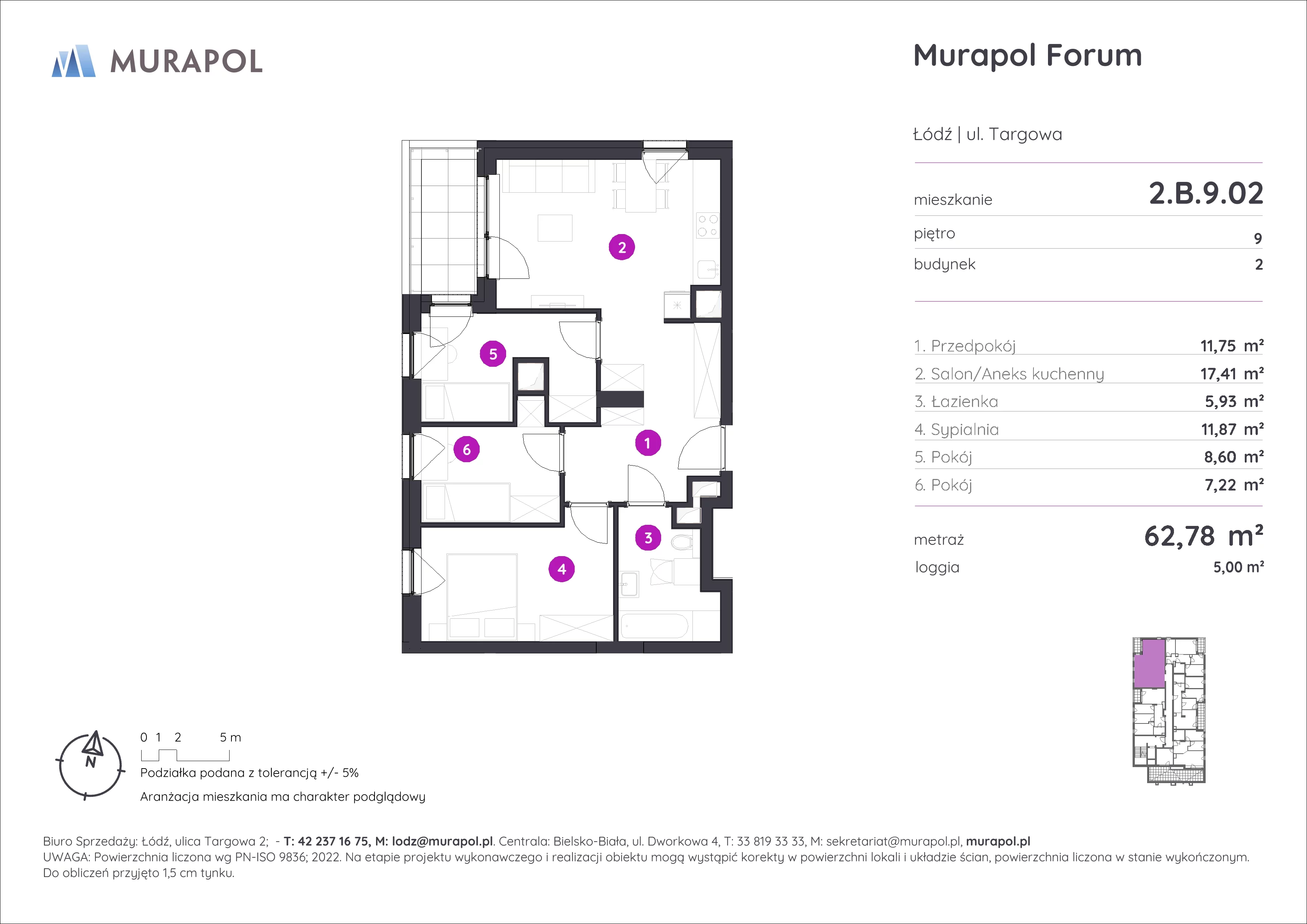 Mieszkanie 62,78 m², piętro 9, oferta nr 2.B.9.02, Murapol Forum, Łódź, Śródmieście, ul. Targowa