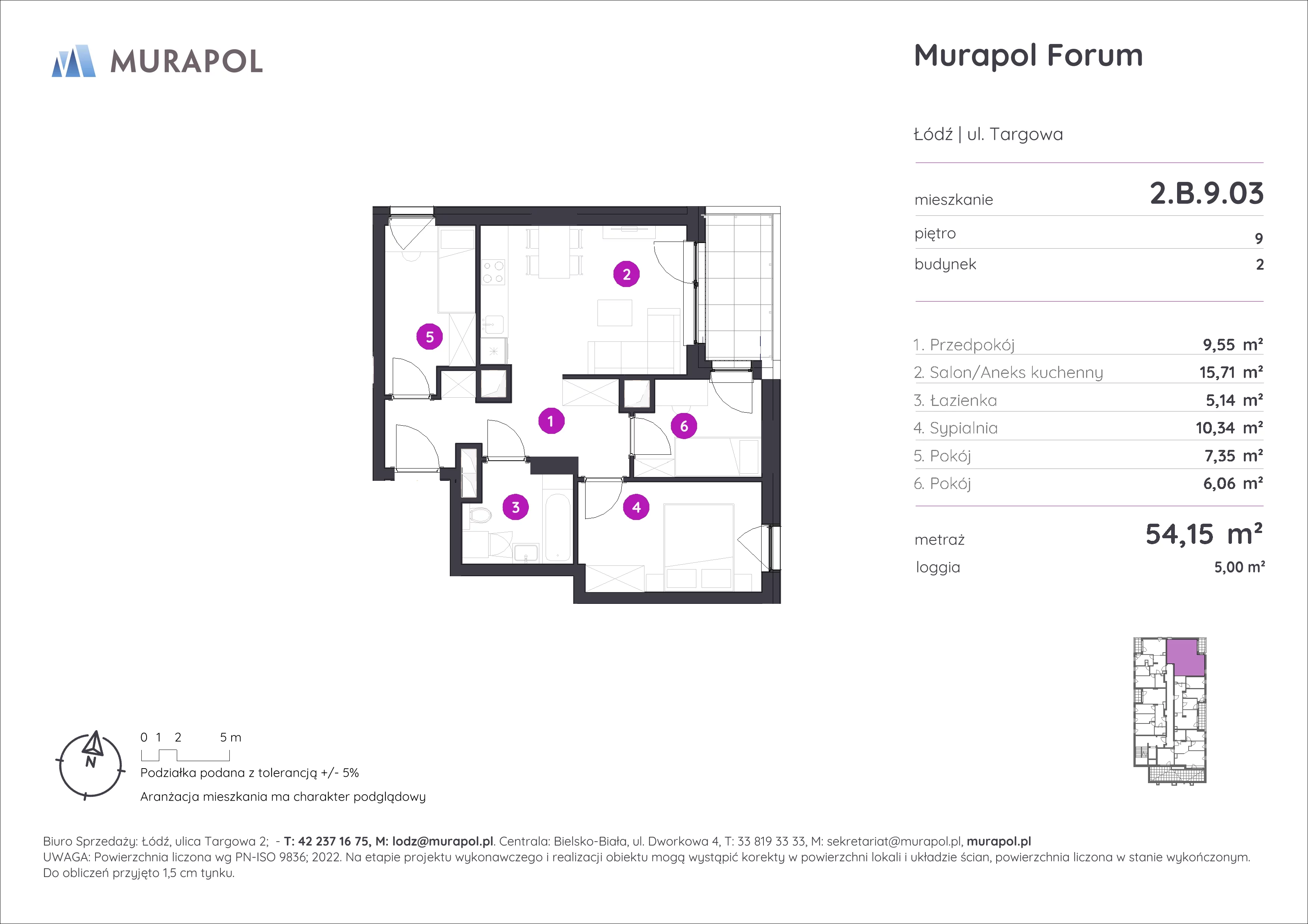 Mieszkanie 54,15 m², piętro 9, oferta nr 2.B.9.03, Murapol Forum, Łódź, Śródmieście, ul. Targowa