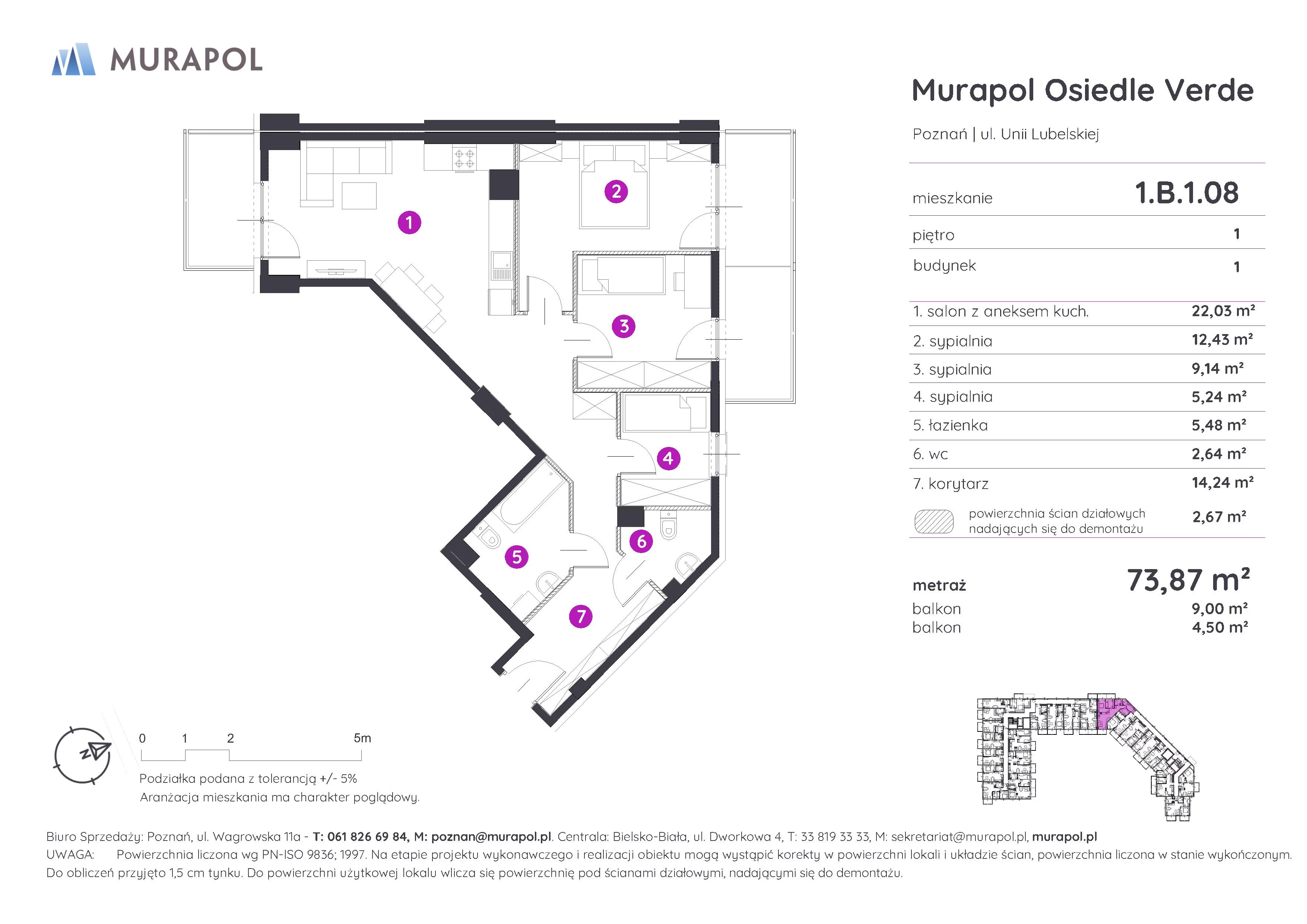 Mieszkanie 73,87 m², piętro 1, oferta nr 1.B.1.08, Murapol Osiedle Verde, Poznań, Żegrze, Starołęka, ul. Wagrowska